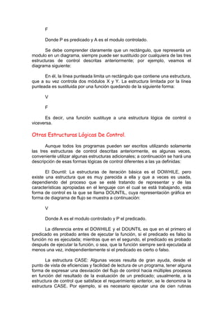 F
Donde P es predicado y A es el modulo controlado.
Se debe comprender claramente que un rectángulo, que representa un
modulo en un diagrama, siempre puede ser sustituido por cualquiera de las tres
estructuras de control descritas anteriormente; por ejemplo, veamos el
diagrama siguiente:
En él, la línea punteada limita un rectángulo que contiene una estructura,
que a su vez controla dos módulos X y Y. La estructura limitada por la línea
punteada es sustituida por una función quedando de la siguiente forma:
V
F
Es decir, una función sustituye a una estructura lógica de control o
viceversa.
Otras Estructuras Lógicas De Control.
Aunque todos los programas pueden ser escritos utilizando solamente
las tres estructuras de control descritas anteriormente, es algunas veces,
conveniente utilizar algunas estructuras adicionales; a continuación se hará una
descripción de esas formas lógicas de control diferentes a las ya definidas:
El Dountil: La estructuras de iteración básica es el DOWHILE, pero
existe una estructura que es muy parecida a ella y que a veces es usada,
dependiendo del proceso que se esté tratando de representar y de las
características apropiadas en el lenguaje con el cual se está trabajando, esta
forma de control es la que se llama DOUNTIL, cuya representación gráfica en
forma de diagrama de flujo se muestra a continuación:
V
Donde A es el modulo controlado y P el predicado.
La diferencia entre el DOWHILE y el DOUNTIL es que en el primero el
predicado es probado antes de ejecutar la función, si el predicado es falso la
función no es ejecutada; mientras que en el segundo, el predicado es probado
después de ejecutar la función, o sea, que la función siempre será ejecutada al
menos una vez, independientemente si el predicado es cierto o falso.
La estructura CASE: Algunas veces resulta de gran ayuda, desde el
punto de vista de eficiencias y facilidad de lectura de un programa, tener alguna
forma de expresar una desviación del flujo de control hacia múltiples procesos
en función del resultado de la evaluación de un predicado; usualmente, a la
estructura de control que satisface el requerimiento anterior, se le denomina la
estructura CASE. Por ejemplo, si es necesario ejecutar una de cien rutinas
 