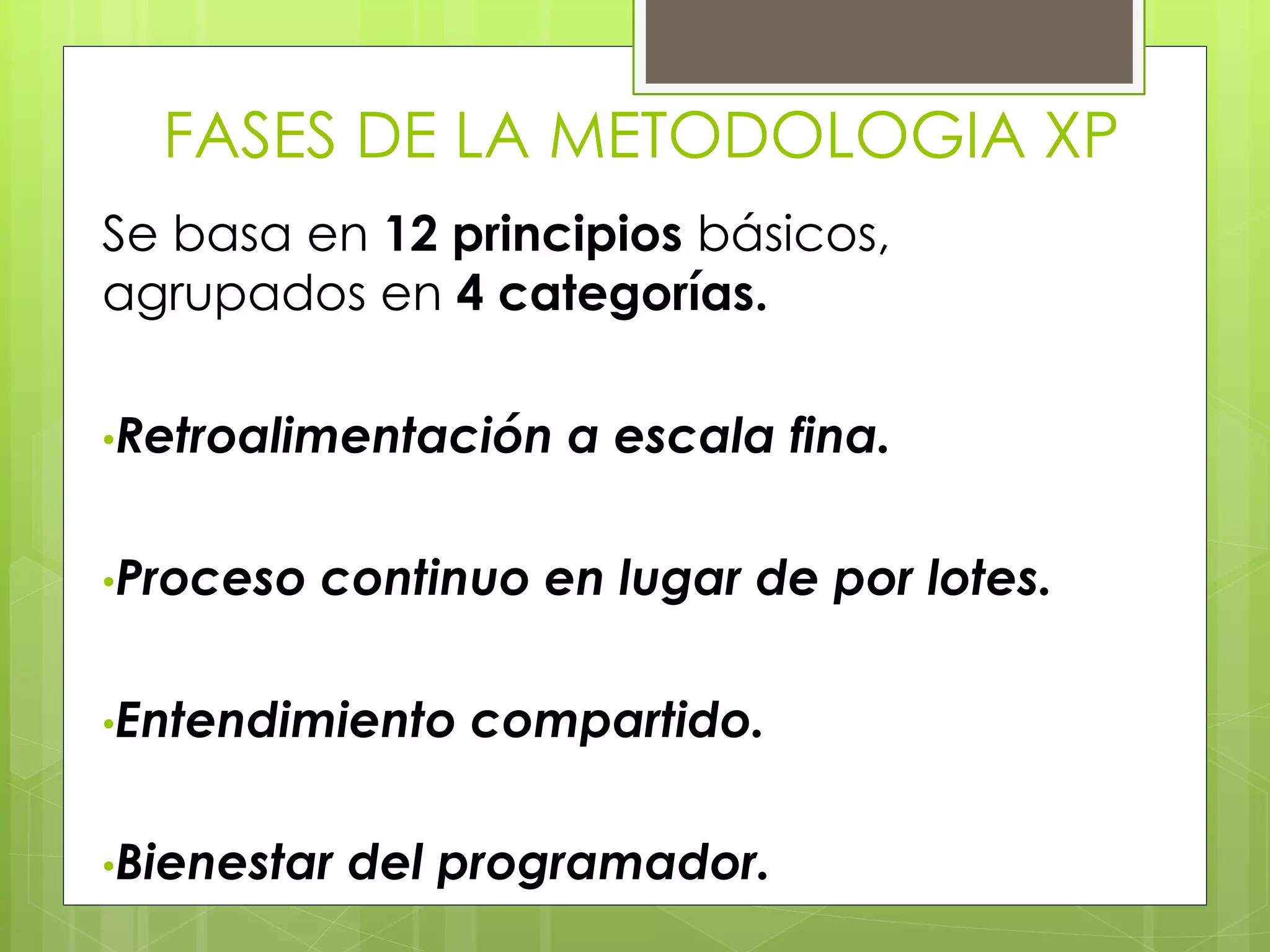 FASES DE LA METODOLOGIA XP
Se basa en 12 principios básicos,
agrupados en 4 categorías.
•Retroalimentación a escala fina.
•Proceso continuo en lugar de por lotes.
•Entendimiento compartido.
•Bienestar del programador.
 