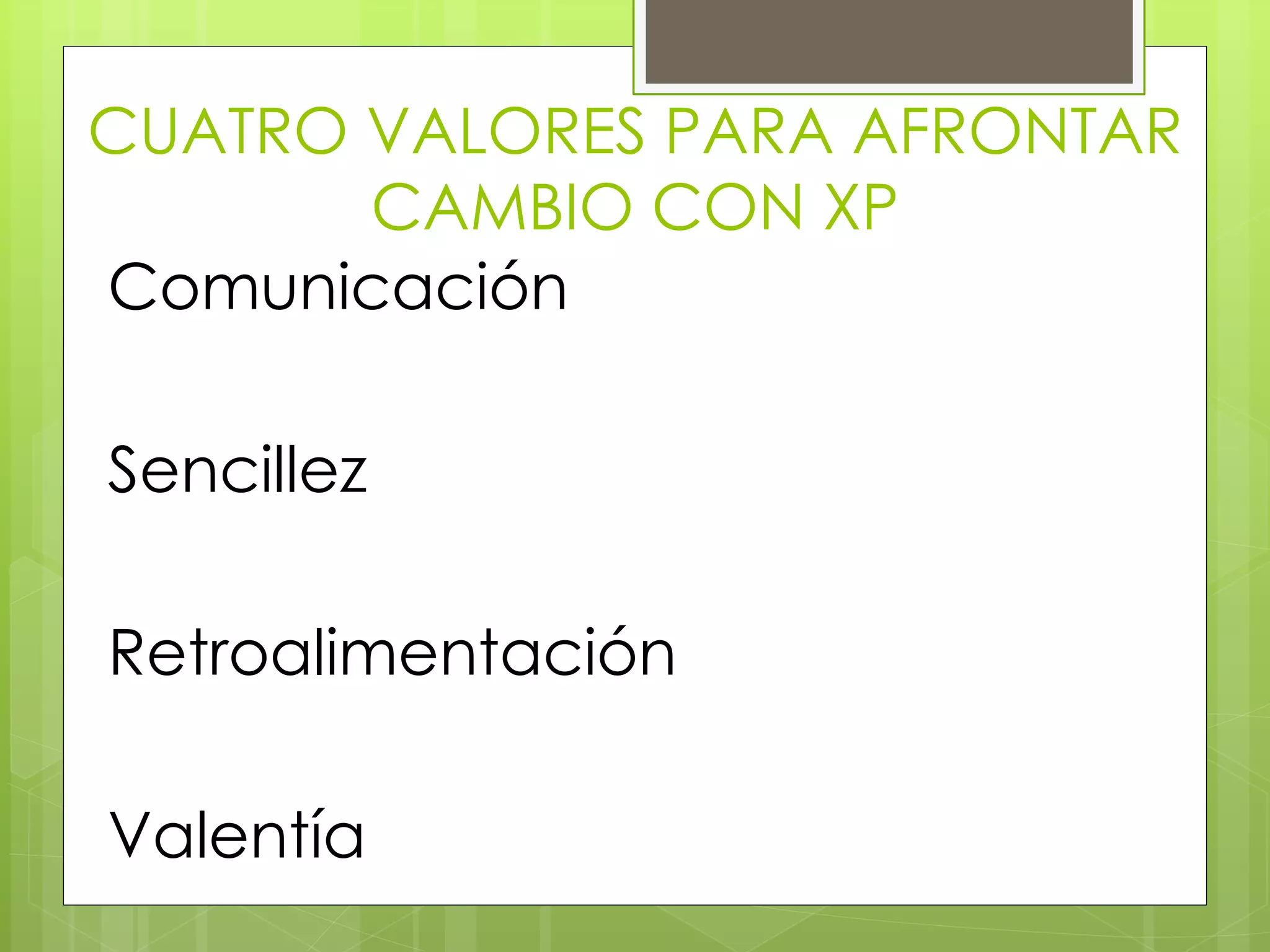 CUATRO VALORES PARA AFRONTAR
CAMBIO CON XP
Comunicación
Sencillez
Retroalimentación
Valentía
 