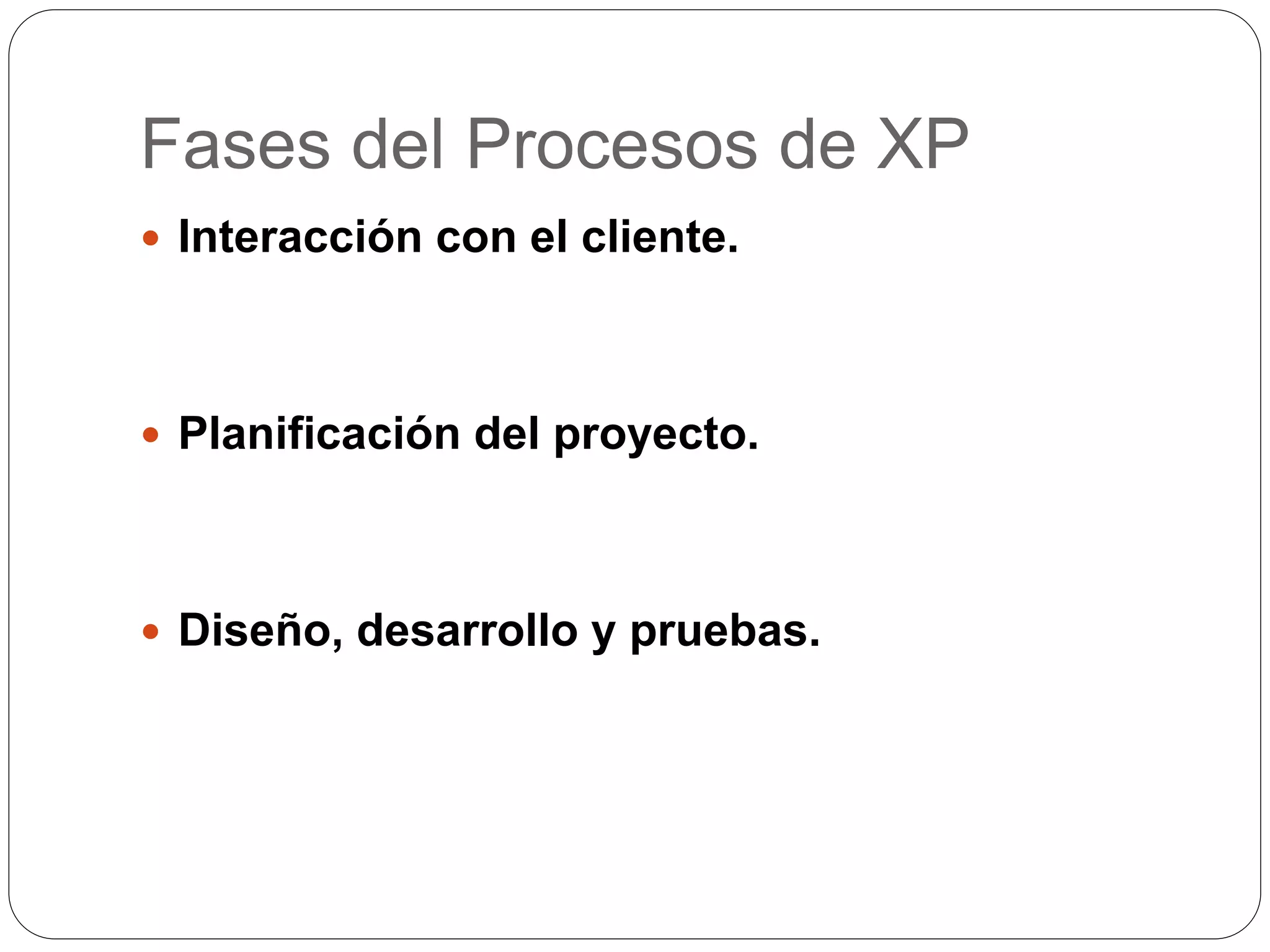 Fases del Procesos de XP
Interacción con el cliente.
Planificación del proyecto.
Diseño, desarrollo y pruebas.