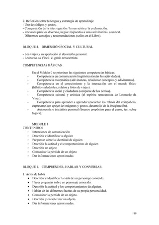 2. Reflexión sobre la lengua y estrategia de aprendizaje
- Uso de códigos y gestos.
- Comparación de la interrogación / la narración y la exclamación.
- Recursos para los diversos juegos: respuestas a unas adivinanzas, a un test.
- Diferentes consejos y recomendaciones (sellos en el Libro).
BLOQUE 4. DIMENSIÓN SOCIAL Y CULTURAL
- Los viajes y su aportación al desarrollo personal.
- Leonardo da Vinci , el genio renacentista.
COMPETENCIAS BÁSICAS
En el Módulo 0 se priorizan las siguientes competencias básicas:
- Competencia en comunicación lingüística (todas las actividades).
- Competencia matemática (adivinanzas, relacionar conceptos y adivinanzas).
- Competencia en el conocimiento y la interacción con el mundo físico
(hábitos saludables, relatos y fotos de viajes).
- Competencia social y ciudadana (ocuparse de los demás).
- Competencia cultural y artística (el espíritu renacentista de Leonardo da
Vinci).
- Competencia para aprender a aprender (escuchar los relatos del compañero,
expresarse con apoyo de imágenes y gestos, desarrollo de la imaginación).
- Autonomía e iniciativa personal (buenos propósitos para el curso, test sobre
lógica).
MODULE 1
CONTENIDOS
- Intenciones de comunicación
- Describir e identificar a alguien
- Preguntar sobre la identidad de alguien
- Describir la actitud y el comportamiento de alguien
- Describir un objeto
- Comunicar la pérdida de un objeto
- Dar informaciones aproximadas
BLOQUE 1. COMPRENDER, HABLAR Y CONVERSAR
1. Actos de habla
• Describir e identificar la vida de un personaje conocido.
• Hacer preguntas sobre un personaje conocido.
• Describir la actitud y los comportamientos de alguien.
• Hablar de las diferentes facetas de su propia personalidad.
• Comunicar la pérdida de un objeto.
• Describir y caracterizar un objeto.
• Dar informaciones aproximadas.
110
 