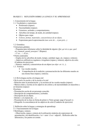 BLOQUE 3. REFLEXIÓN SOBRE LA LENGUA Y SU APRENDIZAJE
1. Conocimiento de la lengua
1.1. Vocabulario y expresiones
• Profesiones (repaso).
• Nacionalidades (repaso).
• Caracteres, actitudes y comportamientos.
• Adverbios de tiempo, de modo, de cantidad (repaso).
• Objetos para viajar.
• Colores, formas, materiales, características de un objeto.
• Expresiones para la aproximación (une sorte de…, à peu près...).
1.2. Gramática
 Estructuras globales
- Preguntas para informarse sobre la identidad de alguien: Qui, qu’est-ce que, quel,
où, comment, quand, pourquoi ? (Repaso).
- C’est… / - Il est…
 Puntos analizados
- Empleo de los adverbios de modo, tiempo, cantidad, lugar, etc. (repaso y síntesis).
- Adjetivos calificativos regulares e irregulares (repaso y síntesis), adjetivos de color.
(Cuaderno de ejercicios).
- Sintaxis: material y características de un objeto (un objet en / à…).
1.3. Fonética
• Las vocales nasales.
• Comprobación de la audición y pronunciación des las diferentes nasales en
una misma frase (repaso y síntesis).
1.4. De la lengua escrita a la lengua oral
 De lo oral a lo escrito y de lo escrito a lo oral
- Relación entre la pronunciación y la escritura de las vocales nasales (repaso).
- Marcas orales y escritas en los adjetivos de colores y de nacionalidades en masculino y
en femenino (repaso)
Escritura
- Presentación escrita de un personaje conocido.
- Descripción de comportamientos y actitudes.
- Descripción de un objeto.
- Retrato « a la manera de…. »
- Presentación de la clase en forma de póster (« Notre groupe: page d’accueil »).
- Ortografía: la concordancia de los adjetivos de color (Cuaderno de ejercicios)
2. Reflexión sobre la lengua y estrategias de aprendizaje
2.1. Funcionamiento de la lengua
 Morfología y sintaxis
- Observación, repaso y síntesis de la utilización sintáctica de expresiones de
presentación y de identificación c’est + nom / il est + adjectif... Reflexión sobre las
diferencias y los puntos en común.
113
 