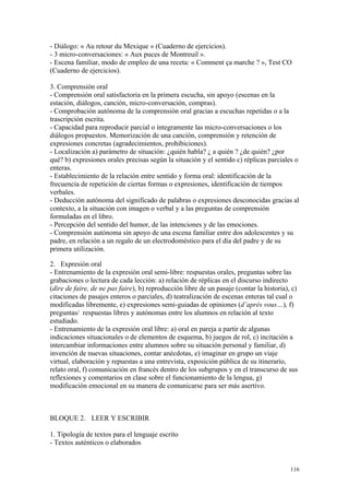 - Diálogo: « Au retour du Mexique » (Cuaderno de ejercicios).
- 3 micro-conversaciones: « Aux puces de Montreuil ».
- Escena familiar, modo de empleo de una receta: « Comment ça marche ? », Test CO
(Cuaderno de ejercicios).
3. Comprensión oral
- Comprensión oral satisfactoria en la primera escucha, sin apoyo (escenas en la
estación, diálogos, canción, micro-conversación, compras).
- Comprobación autónoma de la comprensión oral gracias a escuchas repetidas o a la
trascripción escrita.
- Capacidad para reproducir parcial o íntegramente las micro-conversaciones o los
diálogos propuestos. Memorización de una canción, comprensión y retención de
expresiones concretas (agradecimientos, prohibiciones).
- Localización a) parámetro de situación: ¿quién habla? ¿ a quién ? ¿de quién? ¿por
qué? b) expresiones orales precisas según la situación y el sentido c) réplicas parciales o
enteras.
- Establecimiento de la relación entre sentido y forma oral: identificación de la
frecuencia de repetición de ciertas formas o expresiones, identificación de tiempos
verbales.
- Deducción autónoma del significado de palabras o expresiones desconocidas gracias al
contexto, a la situación con imagen o verbal y a las preguntas de comprensión
formuladas en el libro.
- Percepción del sentido del humor, de las intenciones y de las emociones.
- Comprensión autónoma sin apoyo de una escena familiar entre dos adolescentes y su
padre, en relación a un regalo de un electrodoméstico para el día del padre y de su
primera utilización.
2. Expresión oral
- Entrenamiento de la expresión oral semi-libre: respuestas orales, preguntas sobre las
grabaciones o lectura de cada lección: a) relación de réplicas en el discurso indirecto
(dire de faire, de ne pas faire), b) reproducción libre de un pasaje (contar la historia), c)
citaciones de pasajes enteros o parciales, d) teatralización de escenas enteras tal cual o
modificadas libremente, e) expresiones semi-guiadas de opiniones (d’après vous…), f)
preguntas/ respuestas libres y autónomas entre los alumnos en relación al texto
estudiado.
- Entrenamiento de la expresión oral libre: a) oral en pareja a partir de algunas
indicaciones situacionales o de elementos de esquema, b) juegos de rol, c) incitación a
intercambiar informaciones entre alumnos sobre su situación personal y familiar, d)
invención de nuevas situaciones, contar anécdotas, e) imaginar en grupo un viaje
virtual, elaboración y repuestas a una entrevista, exposición pública de su itinerario,
relato oral, f) comunicación en francés dentro de los subgrupos y en el transcurso de sus
reflexiones y comentarios en clase sobre el funcionamiento de la lengua, g)
modificación emocional en su manera de comunicarse para ser más asertivo.
BLOQUE 2. LEER Y ESCRIBIR
1. Tipología de textos para el lenguaje escrito
- Textos auténticos o elaborados
116
 