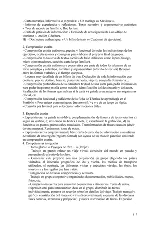 - Carta narrativa, informativa o expresiva: « Un mariage au Mexique ».
- Informe de experiencia y reflexiones. Texto narrativo y argumentativo auténtico:
« Tour du monde en famille », Doc lecture.
- Carta de petición de información: « Demande de renseignements à un office de
tourisme », Atelier d’écriture.
H) - Doc lecture authentique: « Un billet de train » (Cuaderno de ejercicios).
2. Comprensión escrita
- Comprensión escrita autónoma, precisa y funcional de todas las indicaciones de los
ejercicios, explicaciones y consignas para elaborar el proyecto final en grupos.
- Comprensión exhaustiva de textos escritos de base utilizados como input (diálogo,
micro-conversaciones, canción, carta larga familiar).
- Comprensión escrita autónoma y cooperativa por parte de todos los alumnos de un
texto complejo y auténtico, narrativo y argumentativo (artículo de revista) Relación
entre las formas verbales y el tiempo que pasa.
- Lectura muy detallada de un billete de tren. Deducción de toda la información que
contiene: precio, destino, horario, plaza reservada, viajero, compañía ferroviaria…
- Comprensión profundizada de la estructura textual de una carta para pedir información
para poder inspirarse en ella como modelo: identificación del destinatario y del autor,
localización de las formas que indican si la carta va guiada a un amigo o aun organismo
oficial, etc.
- Comprensión funcional y suficiente de la ficha de Técnica de aprendizaje en el
Portfolio « Pour mieux communiquer: être assertif / ve » y de un juego de lógica.
- Consulta por Internet para seleccionar informaciones útiles.
3. Expresión escrita
- Expresión escrita guiada semi-libre: complementación de frases y de textos escritos a)
según su sentido, b) utilizando las boîtes à mots, c) escuchando la grabación,, d) en
función a los puntos gramaticales estudiados. Transformación de frases causales (decir
de otra manera). Resúmenes: toma de notas.
- Expresión escrita progresivamente libre: carta de petición de información a un oficina
de turismo de una región (registro formal) con ayuda de un modelo parecido analizado
en comprensión escrita.
4. Competencias integradas
• Tarea global: « Voyages de rêve… » (Projet)
- Trabajo en grupo: relatar un viaje virtual alrededor del mundo en pasado y
presentárselo al resto de la clase.
- Comenzar este proyecto con una preparación en grupo eligiendo los países
visitados, el itinerario geográfico de ida y vuelta, los medios de transporte
utilizados, el equipaje, las diferentes visitas y anécdotas vividas, las fotos, los
souvenirs y los regalos que han traído.
• Integración de diversas competencias y actitudes.
- Trabajo en grupo cooperativo organizado: documentación, publicidades, mapas,
fotos, etc.
- Comprensión escrita para consultar documentos e itinerarios. Toma de notas.
Expresión oral para intercambiar ideas en el grupo, distribuir las tareas
individualmente, ponerse de acuerdo sobre los detalles del viaje. Trabajo manual y
gráfico: constitución del itinerario virtual (eventualmente esquema de las diversas
fases horarias, aventuras y peripecias) y nueva distribución de tareas. Expresión
117
 