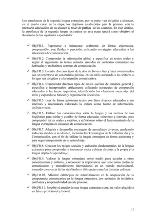 Las enseñanzas de la segunda lengua extranjera, por su parte, van dirigidas a alcanzar,
en el cuarto curso de la etapa, los objetivos establecidos para la primera, con la
necesaria adecuación de su alcance al nivel de partida de los alumnos. En este sentido,
la enseñanza de la segunda lengua extranjera en esta etapa tendrá como objetivo el
desarrollo de las siguientes capacidades:
 Obj.FR.1. Expresarse e interactuar oralmente de forma espontánea,
comprensible, con fluidez y precisión, utilizando estrategias adecuadas a las
situaciones de comunicación.
 Obj.FR.2. Comprender la información global y específica de textos orales y
seguir el argumento de temas actuales emitidos en contextos comunicativos
habituales y en distintos soportes de comunicación.
 Obj.FR.3. Escribir diversos tipos de textos de forma clara y bien estructurados
con un repertorio de vocabulario preciso, en un estilo adecuado a los lectores a
los que van dirigidos y a la intención comunicativa.
 Obj.FR.4. Comprender diversos tipos de textos escritos de temática general y
específica e interpretarlos críticamente utilizando estrategias de compresión
adecuadas a las tareas requeridas, identificando los elementos esenciales del
texto y captando su función y organización discursiva.
 Obj.FR.5. Leer de forma autónoma textos con fines diversos adecuados a sus
intereses y necesidades valorando la lectura como fuente de información,
disfrute y ocio.
 Obj.FR.6. Utilizar los conocimientos sobre la lengua y las normas de uso
lingüístico para hablar y escribir de forma adecuada, coherente y correcta, para
comprender textos orales y escritos, y reflexionar sobre el funcionamiento de la
lengua extranjera en situación de comunicación.
 Obj.FR.7. Adquirir y desarrollar estrategias de aprendizaje diversas, empleando
todos los medios a su alcance, incluidas las Tecnologías de la Información y la
Comunicación, con el fin de utilizar la lengua extranjera de forma autónoma y
para seguir progresando en su aprendizaje.
 Obj.FR.8. Conocer los rasgos sociales y culturales fundamentales de la lengua
extranjera para comprender e interpretar mejor culturas distintas a la propia y la
lengua objeto de aprendizaje.
 Obj.FR.9. Valorar la lengua extranjera como medio para acceder a otros
conocimientos y culturas, y reconocer la importancia que tiene como medio de
comunicación y entendimiento internacional en un mundo multicultural,
tomando conciencia de las similitudes y diferencias entre las distintas culturas.
 Obj.FR.10. Afianzar estrategias de autoevaluación en la adquisición de la
competencia comunicativa en la lengua extranjera, con actitudes de iniciativa,
confianza y responsabilidad en este proceso.
 Obj.FR.11. Percibir el estudio de una lengua extranjera como un valor añadido a
un futuro profesional y laboral.
12
 