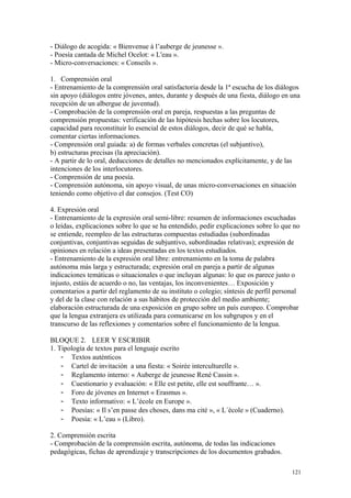 - Diálogo de acogida: « Bienvenue à l’auberge de jeunesse ».
- Poesía cantada de Michel Ocelot: « L'eau ».
- Micro-conversaciones: « Conseils ».
1. Comprensión oral
- Entrenamiento de la comprensión oral satisfactoria desde la 1ª escucha de los diálogos
sin apoyo (diálogos entre jóvenes, antes, durante y después de una fiesta, diálogo en una
recepción de un albergue de juventud).
- Comprobación de la comprensión oral en pareja, respuestas a las preguntas de
comprensión propuestas: verificación de las hipótesis hechas sobre los locutores,
capacidad para reconstituir lo esencial de estos diálogos, decir de qué se habla,
comentar ciertas informaciones.
- Comprensión oral guiada: a) de formas verbales concretas (el subjuntivo),
b) estructuras precisas (la apreciación).
- A partir de lo oral, deducciones de detalles no mencionados explícitamente, y de las
intenciones de los interlocutores.
- Comprensión de una poesía.
- Comprensión autónoma, sin apoyo visual, de unas micro-conversaciones en situación
teniendo como objetivo el dar consejos. (Test CO)
4. Expresión oral
- Entrenamiento de la expresión oral semi-libre: resumen de informaciones escuchadas
o leídas, explicaciones sobre lo que se ha entendido, pedir explicaciones sobre lo que no
se entiende, reempleo de las estructuras compuestas estudiadas (subordinadas
conjuntivas, conjuntivas seguidas de subjuntivo, subordinadas relativas); expresión de
opiniones en relación a ideas presentadas en los textos estudiados.
- Entrenamiento de la expresión oral libre: entrenamiento en la toma de palabra
autónoma más larga y estructurada; expresión oral en pareja a partir de algunas
indicaciones temáticas o situacionales o que incluyan algunas: lo que os parece justo o
injusto, estáis de acuerdo o no, las ventajas, los inconvenientes… Exposición y
comentarios a partir del reglamento de su instituto o colegio; síntesis de perfil personal
y del de la clase con relación a sus hábitos de protección del medio ambiente;
elaboración estructurada de una exposición en grupo sobre un país europeo. Comprobar
que la lengua extranjera es utilizada para comunicarse en los subgrupos y en el
transcurso de las reflexiones y comentarios sobre el funcionamiento de la lengua.
BLOQUE 2. LEER Y ESCRIBIR
1. Tipología de textos para el lenguaje escrito
- Textos auténticos
- Cartel de invitación a una fiesta: « Soirée interculturelle ».
- Reglamento interno: « Auberge de jeunesse René Cassin ».
- Cuestionario y evaluación: « Elle est petite, elle est souffrante… ».
- Foro de jóvenes en Internet « Erasmus ».
- Texto informativo: « L’école en Europe ».
- Poesías: « Il s’en passe des choses, dans ma cité », « L´école » (Cuaderno).
- Poesía: « L’eau » (Libro).
2. Comprensión escrita
- Comprobación de la comprensión escrita, autónoma, de todas las indicaciones
pedagógicas, fichas de aprendizaje y transcripciones de los documentos grabados.
121
 