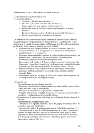 • Saber convencer con el fin de obtener un trabajo de verano.
2. Tipología de textos para el lenguaje oral
- Textos semiauténticos.
- Entrevista: « Ma ville, ça me regarde ! ».
- Test oral: « Que feriez-vous dans cette situation ? ».
- Juegos orales: « Et si on jouait au portrait chinois ? ».
- Testimonios orales de diferentes recorridos profesionales: « Métiers
passions ».
- Testimonio de una periodista: « Laëtitia, la passion de l’information ».
- Test de comprensión oral: « Interview » (Cuaderno).
3. Comprensión oral Entrenamiento de una comprensión oral satisfactoria de textos
dialogados largos y sin apoyo (entrevista de una alumna de secundaria sobre lo que
cambiaría en su ciudad, explicación de un problema que se ha de resolver, testimonios
de diferentes jóvenes sobre su trabajo). Marcas de oralidad.
- Comprobación de la comprensión oral a través de la toma de notas, de la
detección de intrusos en la trascripción o de la presencia de informaciones
complementarias en la trascripción.
- Capacidad para responder las preguntas de comprensión propuestas, resolver un
problema, hacer comentarios y dar su opinión sobre las informaciones
escuchadas, reconstituir parcialmente documentos orales.
- Comprensión oral guiada: a) de formas verbales concretas: el condicional y la
hipótesis (si + imperfecto + condicional), b) de estructuras precisas (la duración
y el empleo de diversos tiempos verbales del presente, pasado y futuro).
- Identificación de las características específicas de la lengua oral auténtica:
estructuras mutiladas, onomatopeyas, interjecciones, muletillas, palabras
comodín, dudas.
- Comprensión autónoma sin apoyo de entrevistas a jóvenes sobre sus proyectos
de vida profesional (test de comprensión oral).
4. Expresión oral
Entrenamiento de la expresión oral semi-libre:
- Resumen o reconstitución de informaciones escuchadas o leídas en este módulo.
- Explicitación de lo que se ha entendido.
- Petición de explicaciones de lo que no se ha comprendido.
- Reempleo de estructuras complejas estudiadas: subordinadas condicionales (si +
imperfecto + condicional), descripciones hipotéticas.
- Reconstrucción de un recorrido profesional con reutilización de expresiones de la
duración.
Entrenamiento de la expresión oral libre:
- Desarrollo de la espontaneidad oral a través del juego y del humor, a través de
la metáfora (juego del retrato chino).
- Expresión libre a partir de una sugerencia abierta: « Que feriez-vous pour…? ».
- Entrenamiento de la toma de palabra autónoma más larga y más estructurada a
partir de: a) un problema para resolver, b) una elección, c) un proyecto, d) un
programa que deben presentar e) una auto-evaluación o un deseo de desarrollo,
f) un tema importante para ellos mismos o sobre el cual quieren convencer a
alguien, g) un juego de roles libre.
131
 