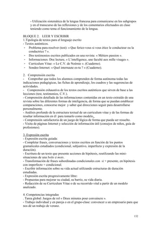 - Utilización sistemática de la lengua francesa para comunicarse en los subgrupos
y en el transcurso de las reflexiones y de los comentarios efectuados en clase
teniendo como tema el funcionamiento de la lengua.
BLOQUE 2. LEER Y ESCRIBIR
1.Tipología de textos para el lenguaje escrito
- Textos auténticos.
- Problema para resolver (test): « Que feriez-vous si vous étiez le conducteur ou la
conductrice ? ».
- Dos testimonios escritos publicados en una revista: « Métiers passion ».
- Informaciones: Doc lecture, « L’intelligence, une faculté aux mille visages ».
- Curriculum Vitae: « Le C.V. de Noémie ». (Cuaderno).
- Sondeo Internet: « Quel internaute es-tu ? » (Cuaderno).
2. Comprensión escrita
- Comprobar que todos los alumnos comprenden de forma autónoma todas las
indicaciones pedagógicas, las fichas de aprendizaje, los cuadros y las sugerencias de
actividades.
- Comprensión exhaustiva de los textos escritos auténticos que sirven de base a las
lecciones (test, testimonios, C.V.).
- Comprensión detallada de las informaciones contenidas en un texto extraído de una
revista sobre las diferentes formas de inteligencia, de forma que se puedan establecer
comparaciones, conocerse mejor y saber qué direcciones seguir para desarrollarse
personalmente.
- Análisis profundo de la estructura textual de un curriculum vitae y de las formas de
resaltar información en él para tomarlo como modelo.
- Comprensión satisfactoria de un juego de lógica de forma que pueda ser resuelto.
- Visita de páginas Internet y selección de información útil (consejos de niños, guía de
profesiones).
3. Expresión escrita
- Expresión escrita guiada:
- Completar frases, conversaciones y textos escritos en función de los puntos
gramaticales estudiados (condicional, subjuntivo, imperfecto y expresión de la
duración).
- Escritura de un texto que presente acciones de hipótesis, reutilizando las mini-
situaciones de una boîte à mots.
- Transformación de frases subordinadas condicionales con si + presente, en hipótesis
con imperfecto + condicional.
- Escribir información sobre su vida actual utilizando estructuras de duración
estudiadas.
- Expresión escrita progresivamente libre:
- Propuestas para mejorar su ciudad, su barrio, su vida diaria.
- Redacción de su Curriculum Vitae o de su recorrido vital a partir de un modelo
analizado.
4. Competencias integradas
. Tarea global: Juegos de rol « Deux minutes pour convaincre ».
- Trabajo individual y en pareja o en el grupo-clase: convencer a un empresario para que
nos dé un trabajo de verano.
132
 