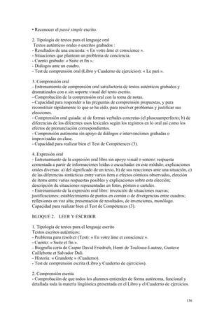 • Reconocer el passé simple escrito.
2. Tipología de textos para el lenguaje oral
Textos auténticos orales o escritos grabados :
- Resultados de una encuesta: « En votre âme et conscience ».
- Situaciones que plantean un problema de conciencia.
- Cuento grabado: « Suite et fin ».
- Diálogos ante un cuadro.
- Test de comprensión oral (Libro y Cuaderno de ejercicios): « Le pari ».
3. Comprensión oral
- Entrenamiento de comprensión oral satisfactoria de textos auténticos grabados y
dramatizados con o sin soporte visual del texto escrito.
- Comprobación de la comprensión oral con la toma de notas.
- Capacidad para responder a las preguntas de comprensión propuestas, y para
reconstituir rápidamente lo que se ha oído, para resolver problemas y justificar sus
elecciones.
- Comprensión oral guiada: a) de formas verbales concretas (el pluscuamperfecto; b) de
diferencias de los diferentes usos lexicales según los registros en lo oral así como los
efectos de pronunciación correspondientes.
- Comprensión autónoma sin apoyo de diálogos e intervenciones grabadas o
improvisadas en clase.
- Capacidad para realizar bien el Test de Compétences (3).
4. Expresión oral
- Entrenamiento de la expresión oral libre sin apoyo visual o sonoro: respuesta
comentada a partir de informaciones leídas o escuchadas en este módulo; explicaciones
orales diversas: a) del significado de un texto, b) de sus reacciones ante una situación, c)
de las diferencias sintácticas entre varios ítem o efectos cómicos observados, elección
de ítems entre varias respuestas posibles y explicaciones sobre esta elección;
descripción de situaciones representadas en fotos, pósters o carteles.
- Entrenamiento de la expresión oral libre: invención de situaciones nuevas;
justificaciones; establecimiento de puntos en común o de divergencias entre cuadros;
reflexiones en voz alta; presentación de resultados, de invenciones, monólogo.
Capacidad para realizar bien el Test de Compétences (3).
BLOQUE 2. LEER Y ESCRIBIR
1. Tipología de textos para el lenguaje escrito
Textos escritos auténticos:
- Problema para resolver (Test): « En votre âme et conscience ».
- Cuento: « Suite et fin ».
- Biografía corta de Caspar David Friedrich, Henri de Toulouse-Lautrec, Gustave
Caillebotte et Salvador Dalí.
- Historia: « Grandotte » (Cuaderno).
- Test de comprensión escrita (Libro y Cuaderno de ejercicios).
2. Comprensión escrita
- Comprobación de que todos los alumnos entienden de forma autónoma, funcional y
detallada toda la materia lingüística presentada en el Libro y el Cuaderno de ejercicios.
136
 