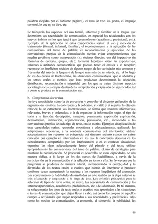palabras elegidas por el hablante (registro), el tono de voz, los gestos, el lenguaje
corporal, lo que no se dice, etc.
Se trabajarán los aspectos del uso formal, informal y familiar de la lengua que
determinen sus necesidades de comunicación, en especial los relacionados con los
nuevos ámbitos en los que tendrá que desenvolverse (académico, profesional, etc.).
Ejemplos de la aplicación de estas competencias serían: el uso y elección de
tratamiento (formal, informal, familiar); el reconocimiento y la aplicación de las
convenciones del turno de palabra; el reconocimiento y aplicación de las
convenciones propias de la comunicación escrita; evitar comportamientos que
puedan percibirse como inapropiados (ej.: órdenes directas, uso del imperativo sin
fórmulas de cortesía, quejas, etc.); formular hipótesis sobre las expectativas,
intereses o actitudes comunicativas que puedan tener el emisor o el receptor;
reconocer los implícitos sociales de algunos rasgos de las variedades más comunes y
frecuentes del uso de la lengua o de las que sean más de su interés; etc. A lo largo
de los dos cursos de Bachillerato, las situaciones comunicativas que se aborden y
los textos orales o escritos que éstas produzcan determinarán la selección,
distribución, secuenciación e intensidad con los que se traten distintos aspectos
sociolingüísticos, siempre dentro de la interpretación y expresión de significados, tal
y como se produce en la comunicación real.
b. Competencia discursiva.
Incluye capacidades como la de estructurar y controlar el discurso en función de la
organización temática, la coherencia y la cohesión, el estilo y el registro, la eficacia
retórica; la de estructurar sus intervenciones de forma que resulten informativas,
relevantes, breves y ordenadas, o la de organizar la información según el tipo de
texto y su función: descripción, narración, comentario, exposición, explicación,
demostración, instrucción, argumentación, persuasión, etc., atendiendo a las
convenciones propias de cada tipo de texto, oral o escrito. Ejemplos de aplicación de
esas capacidades serían: responder espontánea y adecuadamente, realizando las
adaptaciones necesarias, a la conducta comunicativa del interlocutor; utilizar
adecuadamente los recursos de coherencia del discurso incluso cuando no existe
cohesión, por ejemplo en intercambios en los que la coherencia descansa en los
conocimientos compartidos por los interlocutores o en el contexto situacional;
organizar las ideas adecuadamente dentro del párrafo y del texto; utilizar
apropiadamente las convenciones del turno de palabra; el uso de estrategias para
mantener la comunicación. Se procurará el desarrollo de estas capacidades de una
manera cíclica, a lo largo de los dos cursos de Bachillerato, a través de la
participación en la comunicación y la reflexión en torno a ella. Se favorecerá que la
progresión se produzca de manera natural, incrementando la complejidad y la
diversidad de los textos orales o escritos que habrán de interpretar o producir
conforme vayan aumentando la madurez y los recursos lingüísticos del alumnado.
Los conocimientos y habilidades desarrollados en este sentido en la etapa anterior se
irán afianzando y ampliando a lo largo de ésta. Los criterios principales para la
selección de tipos de texto serán, de nuevo, las necesidades de comunicación y los
intereses (personales, académicos, profesionales, etc.) del alumnado. De tal manera,
se seleccionarán los tipos de texto orales o escritos más apropiados a las situaciones
o tareas de comunicación que elijan llevar a cabo, así como los propios de aquellos
campos o actividades que mejor respondan a sus necesidades y preferencias, tales
como los medios de comunicación, la economía, el comercio, la publicidad, las
150
 