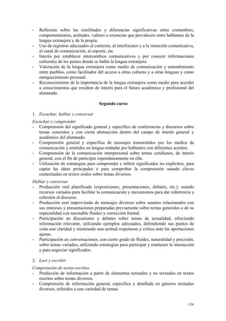 - Reflexión sobre las similitudes y diferencias significativas entre costumbres,
comportamientos, actitudes, valores o creencias que prevalecen entre hablantes de la
lengua extranjera y de la propia.
- Uso de registros adecuados al contexto, al interlocutor y a la intención comunicativa,
al canal de comunicación, al soporte, etc.
- Interés por establecer intercambios comunicativos y por conocer informaciones
culturales de los países donde se habla la lengua extranjera.
- Valoración de la lengua extranjera como medio de comunicación y entendimiento
entre pueblos, como facilitador del acceso a otras culturas y a otras lenguas y como
enriquecimiento personal.
- Reconocimiento de la importancia de la lengua extranjera como medio para acceder
a conocimientos que resulten de interés para el futuro académico y profesional del
alumnado.
Segundo curso
1. Escuchar, hablar y conversar
Escuchar y comprender
- Comprensión del significado general y específico de conferencias y discursos sobre
temas concretos y con cierta abstracción dentro del campo de interés general y
académico del alumnado.
- Comprensión general y específica de mensajes transmitidos por los medios de
comunicación y emitidos en lengua estándar por hablantes con diferentes acentos.
- Comprensión de la comunicación interpersonal sobre temas cotidianos, de interés
general, con el fin de participar espontáneamente en ella.
- Utilización de estrategias para comprender e inferir significados no explícitos, para
captar las ideas principales o para comprobar la comprensión usando claves
contextuales en textos orales sobre temas diversos.
Hablar y conversar
- Producción oral planificada (exposiciones, presentaciones, debates, etc.), usando
recursos variados para facilitar la comunicación y mecanismos para dar coherencia y
cohesión al discurso.
- Producción oral improvisada de mensajes diversos sobre asuntos relacionados con
sus intereses y presentaciones preparadas previamente sobre temas generales o de su
especialidad con razonable fluidez y corrección formal.
- Participación en discusiones y debates sobre temas de actualidad, ofreciendo
información relevante, utilizando ejemplos adecuados, defendiendo sus puntos de
vista con claridad y mostrando una actitud respetuosa y crítica ante las aportaciones
ajenas.
- Participación en conversaciones, con cierto grado de fluidez, naturalidad y precisión,
sobre temas variados, utilizando estrategias para participar y mantener la interacción
y para negociar significados.
2. Leer y escribir
Comprensión de textos escritos
- Predicción de información a partir de elementos textuales y no textuales en textos
escritos sobre temas diversos.
- Comprensión de información general, específica y detallada en géneros textuales
diversos, referidos a una variedad de temas.
156
 