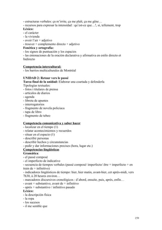 - estructuras verbales: ça m’irrite, ça me plaît, ça me gêne…
- recursos para expresar la intensidad : qu’est-ce que…!, si, tellement, trop
Léxico:
- el carácter
- la vivienda
- avoir l’air + adjetivo
- trouver + complemento directo + adjetivo
Fonética y ortografía:
- los signos de puntuación y los espacios
- las entonaciones de la oración declarativa y afirmativa en estilo directo et
Indirecto
Competencia intercultural:
- los barrios multiculturales de Montréal
UNIDAD 2: Retour vers le passé
Tarea final de la unidad: Elaborar una coartada y defenderla
Tipologías textuales:
- fotos i titulares de prensa
- artículos de diarios
- agenda
- libreta de apuntes
- interrogatorios
- fragmento de novela policiaca
- tapa de libro
- fragmento de tebeo
Competencia comunicativa y saber hacer
- localizar en el tiempo (1)
- relatar acontecimientos y recuerdos
- situar en el espacio (1)
- describir personas
- describir hechos y circunstancias
- pedir y dar informaciones precises (hora, lugar etc.)
Competencias lingüísticas
Gramática:
- el passé composé
- el imperfecto de indicativo
- secuencia de tiempos verbales (passé composé/ imperfecto/ être + imperfecto + en
train de + infinitivo)
- indicadores lingüísticos de tiempo: hier, hier matin, avant-hier, cet après-midi, vers
7h30, à 20 heures environ…
- marcadores discursivos cronológicos : d’abord, ensuite, puis, après, enfin…
- avant + substantivo, avant de + infinitivo
- après + substantivo / infinitivo pasado
Léxico:
- la descripción física
- la ropa
- los sucesos
- il me semble que
159
 