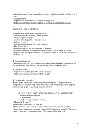 - Comprensión oral global y esencial de mensajes cotidianos sencillos grabados, y de la
clase
4. Expresión oral
- Reproducción oral correcta de los modelos propuestos
- Expresión semilibre e instintiva a partir de la variación simple de los modelos
BLOQUE 2. LEER Y ESCRIBIR
1. Tipología de textos para el lenguaje escrito
- transcripción de los diálogos y textos grabados
- listas de objetos, etiquetas
- cuadros, listas de palabras y de expresiones
- pequeño poema
- instrucciones escritas del libro y del cuaderno
- BD “Top secret !”
- Tests (test escrito y test con imágenes) (Cuaderno)
- preguntas/respuestas de conocimiento general sobre Francia. Mapa de Francia.
- pequeño texto descriptivo auténtico (5 líneas) « En arabe, le Sahara veut dire désert »
Cuaderno L4
2. Comprensión escrita
- Comprensión escrita global y funcional de textos cortos elaborados o auténticos, de
las instrucciones, ejercicios de clase y transcripción de los modelos orales
3. Expresión escrita
- Reproducción escrita de modelos orales y escritos
- Expresión escrita a partir de un modelo y guiada
4. Competencias integradas
 Tarea global « Concours 5 questions pour des champions ». Integración de las
competencias: Comprensión y expresión escrita y oral, trabajo en pequeños grupos y
animación del grupo en general, evaluación colectiva
BLOQUE 3. REFLEXIÓN SOBRE LA LENGUA Y SU APRENDIZAJE
1. Conocimiento de la lengua
1.1. Vocabulario
 Saludos (bonjour, salut, au revoir...)
 El material de clase (2)
 Los colores, los números del 30 al 60
 Instrucciones de clase (ouvrez le livre, fermez vos cahiers, écoutez, soulignez)
 Expresiones hechas para comunicar en clase (Qu’est-ce que ça veut dire ? Comment
on dit en français ? Comment on écrit ? Qu’est-ce qu’il faut faire… ?)
16
 