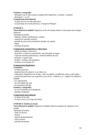 Fonética y ortografía:
- distinguir con el oído el passé composé del imperfecto: j’ai parlé / je parlais
- distinguir [􀀀] y [e]
Competencia intercultural:
- el gusto por las novelas policiacas
- un personaje de novela policiaca: el inspector Maigret
UNIDAD 3:
Tarea final de la unidad: Organizar un fin de semana donde vivimos para unos amigos
franceses
Tipologías textuales:
- trípticos, folletos publicitarios, carteles
- muestra de reportaje turístico
- portada de una revista electrónica dicada a la cultura
- blogs
- artículos de prensa
Competencia comunicativa y saber hacer
- hablar de planes y proyectos
- describir y evaluar un espectáculo, una actividad, un lugar…
- expresar nuestras preferencias y nuestros hábitos de ocio
- proponer / sugerir algo
- aceptar / rechazar una propuesta
- localizar en el tiempo (2)
Competencias lingüísticas
Gramática:
- el futuro próximo
- preposiciones de espacio: à, au, dans, sur
- indicadores lingüísticos de tiempo : dans la matinée, en début de soirée, avant, après…
- estructuras para hacer una sugestión: ça te dit de + infinitivo, si + imperf. de indicativo
Léxico:
- los espectáculos
- las actividades de ocio
- los momentos del día
Fonética y ortografía:
- la curva melódica de la propuesta
- plurales irregulares
Competencia intercultural:
- el teatro de la calle
- el nuevo circo y el Cirque du Soleil
UNIDAD 4: Société en réseau
Tarea final de la unidad: Organizar un debate sobre las cámaras de vigilancia en la
ciudad
Tipologías textuales:
- chats en directo
- fórums
- tarjetas de presentación
- sitios internet
- artículos de prensa
160
 