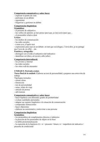 Competencia comunicativa y saber hacer
- expresar su punto de vista
- participar en un debate
- argumentar
- Organizar y gestionar un debate
Competencias lingüísticas
Gramática:
- el presente de subjuntivo
- los verbos de opinión: je (ne) pense (pas) que, je (ne) crois (pas) que…
- el pronombre relativo dont
Léxico:
- los medios de comunicación
- las redes sociales
- à mon avis, d’après moi
- expresiones para usar en un debate: en tant que sociologue, c’est-à-dire, je ne partage
pas l’avis de, en effet… etc.
Fonética y ortografía:
- distinguir con el oído el subjuntivo del indicativo
- identificar est (être), ait (avoir), aille (aller)
Competencia intercultural:
- los jóvenes y internet
- las redes sociales
- los sitios web de encuentro
UNIDAD 5: Portraits croisés
Tarea final de la unidad: Elaborar un test de personalidad y preparar una entrevista de
trabajo
Tipologías textuales:
- retrato chino
- fotonovela
- test de personalidad
- notas, relato de viaje
- artículo de prensa
- adivinanzas
Competencia comunicativa y saber hacer
- hacer hipótesis con diferentes grados de probabilidad
- evaluar cualidades personales
- adaptar sur registro lingüístico a la situación de comunicación
- comprender instrucciones
- hacer objeciones
- elaborar un cuestionario y entrevistar a una persona
Competencias lingüísticas
Gramática:
- los pronombres de complementos directos e indirectos
- la posición de los pronombre de objeto en la frase
- la doble pronominalización
- la expresión de la hipótesis (1) : si + presente / futuro; si + imperfecto de indicativo /
presente de condicional
161
 
