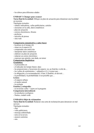 - los tebeos para diferentes edades
UNIDAD 7: Changer pour avancer
Tarea final de la unidad: Dibujar un plan de actuación para dinamizar una localidad
en recesión
Tipologías textuales:
- señales indicadoras, vallas publicitarias, carteles
- encuestas en la calle, datos estadísticos
- plan de actuación
- correos electrónicos, fórums
- profecías
- artículos de prensa
- sitio web
Competencia comunicativa y saber hacer
- localizar en el tiempo (4)
- situar en el espacio (2)
- comprender una entrevista
- interpretar datos estadísticos
- elaborar un plan de actuación
- redactar un correo electrónico
- expresar una opinión, una duda, un temor
Competencias lingüísticas
Gramática:
- el pronombre en
- el indicador de tiempo futuro: dans
- les preposiciones y locuciones de espacio: en, au fond de, à côté de…
- los verbos de sentimientos + subjuntivo (1): j´ai peur que…
- la obligación y la recomendación: il faut, il faudrait, on devrait…
- la posibilidad y la probabilidad: il est possible que…
Léxico:
- el espacio urbano
- el medio natural
- la ecología
Fonética y ortografía:
- la inversión verbo + sujeto en la pregunta
Competencia intercultural:
- los productos ecológicos
- Nantes, ciudad verde
UNIDAD 8: Objet de réclamation
Tarea final de la unidad: Redactar una carta de reclamación para denunciar un mal
servicio
Tipologías textuales:
- chat
- valla publicitaria
- mensaje embotellado
- nota en la nevera
- anuncio anónimo
- sms
163
 