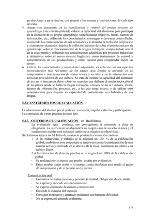 producciones y en revisarlas, con respeto a las normas y convenciones de cada tipo
de texto.
5. Actuar con autonomía en la planificación y control del propio proceso de
aprendizaje. Este criterio pretende valorar la capacidad del alumnado para participar
en la dirección de su propio aprendizaje, seleccionando objetivos, tareas, fuentes de
información, etc., utilizando los conocimientos, estrategias y destrezas desarrolladas,
asumiendo las consecuencias de sus decisiones y evaluando la evolución del proceso
y el progreso alcanzado. Implica la reflexión, además de sobre el propio proceso de
aprendizaje, sobre el funcionamiento de la lengua extranjera, comparándolo con el
de la suya propia y utilizando los conocimientos adquiridos por procesos inductivos
y deductivos sobre el nuevo sistema lingüístico como instrumento de control y
autocorrección de sus producciones y como recurso para comprender mejor las
ajenas.
6. Utilizar los conocimientos y capacidades adquiridos, en relación con los aspectos
socioculturales más relevantes de los países cuya lengua se aprende, en la
comprensión e interpretación de textos orales y escritos y en la interacción con
personas procedentes de esa cultura. Se trata de evaluar la capacidad del alumnado
de extraer e interpretar datos sobre los aspectos que definen el medio sociocultural
de los países donde se habla la lengua extranjera, a través de las actividades, textos,
fuentes de información, personas, etc., a las que tenga acceso, y de utilizar esos
conocimientos para mejorar su capacidad de comunicarse con hablantes de esa
lengua.
5.3.2 -INSTRUMENTOS DE EVALUACIÓN
La observación del alumno por el profesor: asistencia, respeto, esfuerzo y participación.
La corrección de varias pruebas de todo tipo.
5.3.3. -CRITERIOS DE CALIFICACIÓN en Bachillerato
La evaluación será continua, por consiguiente la asistencia a clase es
obligatoria. La calificación no dependerá en ningún caso de un solo examen y el
rendimiento escolar será valorado conforme a criterios de objetividad.
Si el alumno supera las 63 faltas de asistencia perderá la evaluación continua.
1 A las redacciones y trabajos se le asignará un 20 % de la calificación
global, también en este porcentaje se tendrá en cuenta la participación de una
manera activa y motivada en el devenir de la clase, mostrando su interés y su
trabajo diario.
2 A la realización de diversas pruebas se le asignará un 80% de la calificación
global.
- Se realizará por lo menos una prueba escrita por evaluación.
- Estas pruebas serán orales y /o escritas, están diseñadas para medir el grado
de comprensión y de expresión oral y escrita.
Comunicación oral:
- Comunica de forma creativa y personal (voluntad, obligación, deseo, duda)
- Se expresa y entiende satisfactoriamente.
- Se expresa oralmente de manera comprensible
- Entiende lo esencial del mensaje
- Consigue expresarse y entender oralmente con bastante dificultad.
- No se expresa ni entiende oralmente.
173
 