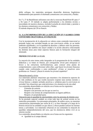 doble enfoque, los materiales persiguen desarrollar destrezas lingüísticas
fundamentales para permitir al alumnado comunicarse con corrección y fluidez.
En 1º y 2º de Bachillerato utilizamos este año Le nouveau Rond-Point B1 para 1º
y B.2 para 2º. El método se adapta perfectamente a los distintos niveles y
necesidades de nuestros alumnos, incluida la prueba de selectividad, y permite a
los alumnos comunicarse con corrección y fluidez.
El método dispone de CD en francés.
11. -LA INCORPORACIÓN DE LA EDUCACIÓN EN VALORES COMO
CONTENIDO TRANVERSAL EN FRANCÉS
Con la incorporación de la educación en valores como contenido transversal se
pretende lograr una sociedad basada en una convivencia sólida, en un medio
ambiente equilibrado y en la igualdad de derechos y deberes entre las personas.
Se pretende dar también una mayor unidad a la acción educativa relacionando
las distintas áreas para tratar aspectos básicos para la formación integral del
alumnado.
PRIMER CICLO DE LA E.S.O.
La mayoría de estos temas están integrados en la programación de las unidades
didácticas y se tratan en francés, por consiguiente sirven para enriquecer el
léxico y las estructuras morfosintácticas, para conocer otras pautas de
comportamiento y para reflexionar sobre ellas: ¿qué hacen los jóvenes franceses
cuando están confrontados a estos problemas? ¿Cómo se resuelven estos
problemas en Francia? ¿Hacen lo mismo los jóvenes españoles?
Educación moral y cívica
Los materiales plantean situaciones que muestran a los alumnos/as aspectos de
la vida cotidiana en los que resulta necesario respetar unas normas morales y
cívicas básicas y adoptar actitudes positivas y solidarias para la convivencia en
sociedad. Son situaciones que están próximas a los alumnos/as de esta edad.
Los contenidos desarrollados en relación con el tema son los siguientes:
- Fórmulas de cortesía.
- Respeto a las personas con las que se convive.
- Respeto a las normas de comportamiento en lugares públicos.
- Respeto a la propiedad ajena.
Educación para la igualdad de oportunidades entre las personas de distinto sexo
Se ha prestado especial cuidado en evitar todo tipo de actitud sexista en los
materiales presentados. Los personajes principales, de ambos sexos, no muestran
características determinadas por razón de él, y se hace hincapié a lo largo de la
historia inicial de las unidades en que chicos y chicas pueden realizar las mismas
tareas y actividades. Los materiales refuerzan en sus contenidos la situación de
igualdad, independientemente del sexo, que los alumnos/as deben vivir en su
entorno escolar.
Los contenidos desarrollados en relación con el tema son los siguientes:
• Igualdad en el campo laboral.
182
 