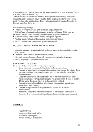 - Progresión grafía / sonido: on en bon [õ], ou en nous [u], ge y je en je mange [ζ], z o
s en vous_ aimez les Zèbres ? [z].
- Observación de las diferencias entre los puntos gramaticales orales y escritos: las
marcas de género y número orales y escritas de los adjetivos regulares (petit / petite,
petits / petites) y las terminaciones de los verbos en presente (3 marcas diferentes en
lenguaje oral, 5 en el escrito).
Estrategias de aprendizaje
 Técnicas de comprensión del texto escrito en lengua extranjera.
 Utilización de métodos diversificados para aprender, utilización de los recursos
personales propios y de los consejos metodológicos propuestos en el libro.
 Expresión visual y verbal de uno mismo, descripción y gustos.
 Valor de la autoevaluación. Búsqueda de los recursos personales.
 Uso del Portfolio y del cuaderno de ejercicios individual.
BLOQUE 4. DIMENSIÓN SOCIAL Y CULTURAL
 Personajes clásicos y actuales del cómic de lengua francesa, de origen belga o suizo:
Tintín y Titeuf.
 Literatura: cómic y lectura, héroe, antihéroe, humor.
 Psicología y artes plásticas: collage sobre uno mismo, exposición de posters.
 Lógica: juegos, procedimientos sistemáticos.
COMPETENCIAS BÁSICAS
En el Módulo 2, se priorizan las competencias siguientes:
- Competencia en comunicación lingüística (todas las actividades)
- Competencia en el conocimiento y la interacción con el mundo físico (vida física
y mental saludable, práctica del deporte, amor por los animales y estudio del
medioambiente)
- Competencia cultural y artística (respeto por el patrimonio cultural de otros
países, solicitud de correspondencia escrita con comunicantes de todo el mundo,
dibujar a un/a deportista, hacer un collage, exponer posters)
- Competencia social y ciudadana (cooperación en un equipo, deportividad,
antisexismo, antiviolencia)
- Competencia para aprender a aprender (tests, corrección de errores,
puntuaciones)
- Autonomía e iniciativa personal (superación de dificultades, desarrollo de la
fantasía y de la personalidad, test de técnicas de aprendizaje, autoevaluación)
MODULE 3
CONTENIDOS
Intenciones de comunicación:
Informarse sobre alguien
Indicar la edad, la nacionalidad
21
 