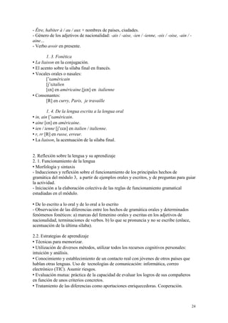 - Être, habiter à / au / aux + nombres de países, ciudades.
- Género de los adjetivos de nacionalidad: -ais / -aise, -ien / -ienne, -ois / -oise, -ain / -
aine…
- Verbo avoir en presente.
1. 3. Fonética
 La liaison en la conjugación.
 El acento sobre la sílaba final en francés.
 Vocales orales o nasales:
[˜εaméricain
[j˜εitalien
[εn] en américaine.[jεn] en italienne
 Consonantes:
[R] en curry, Paris, je travaille
1. 4. De la lengua escrita a la lengua oral
 in, ain [˜εaméricain.
 aine [εn] en américaine.
 ien / ienne [j˜εεn] en italien / italienne.
 r, rr [R] en russe, erreur.
 La liaison, la acentuación de la sílaba final.
2. Reflexión sobre la lengua y su aprendizaje
2. 1. Funcionamiento de la lengua
 Morfología y sintaxis
- Inducciones y reflexión sobre el funcionamiento de los principales hechos de
gramática del módulo 3, a partir de ejemplos orales y escritos, y de preguntas para guiar
la actividad.
- Iniciación a la elaboración colectiva de las reglas de funcionamiento gramatical
estudiadas en el módulo.
 De lo escrito a lo oral y de lo oral a lo escrito
- Observación de las diferencias entre los hechos de gramática orales y determinados
fenómenos fonéticos: a) marcas del femenino orales y escritas en los adjetivos de
nacionalidad, terminaciones de verbos. b) lo que se pronuncia y no se escribe (enlace,
acentuación de la última sílaba).
2.2. Estrategias de aprendizaje
 Técnicas para memorizar.
 Utilización de diversos métodos, utilizar todos los recursos cognitivos personales:
intuición y análisis.
 Conocimiento y establecimiento de un contacto real con jóvenes de otros países que
hablan otras lenguas. Uso de tecnologías de comunicación: informática, correo
electrónico (TIC). Asumir riesgos.
 Evaluación mutua: práctica de la capacidad de evaluar los logros de sus compañeros
en función de unos criterios concretos.
 Tratamiento de las diferencias como aportaciones enriquecedoras. Cooperación.
24
 