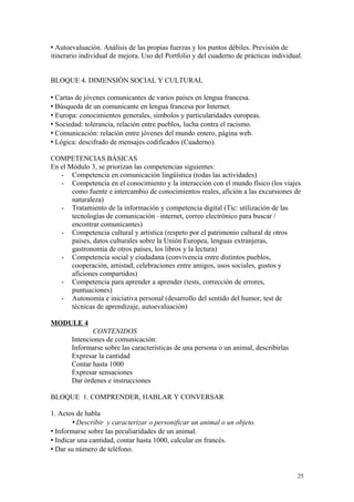  Autoevaluación. Análisis de las propias fuerzas y los puntos débiles. Previsión de
itinerario individual de mejora. Uso del Portfolio y del cuaderno de prácticas individual.
BLOQUE 4. DIMENSIÓN SOCIAL Y CULTURAL
 Cartas de jóvenes comunicantes de varios países en lengua francesa.
 Búsqueda de un comunicante en lengua francesa por Internet.
 Europa: conocimientos generales, símbolos y particularidades europeas.
 Sociedad: tolerancia, relación entre pueblos, lucha contra el racismo.
 Comunicación: relación entre jóvenes del mundo entero, página web.
 Lógica: descifrado de mensajes codificados (Cuaderno).
COMPETENCIAS BÁSICAS
En el Módulo 3, se priorizan las competencias siguientes:
- Competencia en comunicación lingüística (todas las actividades)
- Competencia en el conocimiento y la interacción con el mundo físico (los viajes
como fuente e intercambio de conocimientos reales, afición a las excursiones de
naturaleza)
- Tratamiento de la información y competencia digital (Tic: utilización de las
tecnologías de comunicación –internet, correo electrónico para buscar /
encontrar comunicantes)
- Competencia cultural y artística (respeto por el patrimonio cultural de otros
países, datos culturales sobre la Unión Europea, lenguas extranjeras,
gastronomía de otros países, los libros y la lectura)
- Competencia social y ciudadana (convivencia entre distintos pueblos,
cooperación, amistad, celebraciones entre amigos, usos sociales, gustos y
aficiones compartidos)
- Competencia para aprender a aprender (tests, corrección de errores,
puntuaciones)
- Autonomía e iniciativa personal (desarrollo del sentido del humor, test de
técnicas de aprendizaje, autoevaluación)
MODULE 4
CONTENIDOS
Intenciones de comunicación:
Informarse sobre las características de una persona o un animal, describirlas
Expresar la cantidad
Contar hasta 1000
Expresar sensaciones
Dar órdenes e instrucciones
BLOQUE 1. COMPRENDER, HABLAR Y CONVERSAR
1. Actos de habla
 Describir y caracterizar o personificar un animal o un objeto.
 Informarse sobre las peculiaridades de un animal.
 Indicar una cantidad, contar hasta 1000, calcular en francés.
 Dar su número de teléfono.
25
 