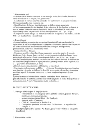3. Comprensión oral
- Localización de detalles concretos en los mensajes orales: localizar las diferencias
entre la situación en la imagen y las grabaciones.
- Localización de formas concretas utilizadas por los locutores en una conversación:
fórmulas para pedir, para excusarse, etc.
- Identificaciones de hechos significativos en un diálogo en un restaurante.
- Comprender una descripción detallada de los miembros de dos familias, oralmente y
con un soporte escrito de manera simultánea. Hacer localizaciones de indicios de
significado y forma. En particular, la frase descriptiva con c’est .... qui ...et qui...
- Comprensión de un diálogo a la primera escucha con el soporte de una parrilla. Test de
CO « Un réveil difficile » (Cuaderno).
4. Expresión oral
- Reconstitución y memorización: reconstitución del significado y reformulación
aproximada de los modelos propuestos. Repetición oral correcta y memorización parcial
de los textos orales del módulo 5 (conversaciones, diálogos, descripciones),
pronunciación, incluyendo entonación y ritmo.
- Representación de diálogos.
- Expresion semilibre: a) producción de preguntas y respuestas a partir de soportes
(imágenes, boîtes à mots, frases escritas); b) ejercitamiento con la frase larga o con el
pequeño párrafo: producción de estructuras descriptivas c’est le / la... qui... et qui...,
descripción del desayuno personal; c) confección oral de listas diversas; d) reutilización
de estructuras (preposiciones de lugar, partitivos, género y número de los adjetivos, il y
a ... qui, verbos pronominales, la hora;
e) transformación de estructuras (del femenino al masculino).
- Ejercitación en la expresión oral libre: a) inventar fórmulas de desayuno, imaginar
una situación e inventar un diálogo; b) describir un personaje o lo que hace de manera
detallada: a partir de ruidos o sin soporte; c) contar una jornada propia o de otra
persona;
d) síntesis orales de informaciones sobre las costumbres de los franceses; e)
presentación oral de un texto descriptivo inventado en grupo, en forma de esquetch o de
comedia musical, Projet « Un dimanche matin en famille... »
BLOQUE 2. LEER Y ESCRIBIR
1. Tipología de textos para el lenguaje escrito
- Transcripción de los diálogos y textos grabados (canción, poesías, diálogos,
monólogos, microconversaciones)
- Instrucciones escritas del Libro y del Cuaderno.
- Juego de lógica (Cuaderno).
- Cómic « La matinée de M. Ledistrait »
- Descripción, opiniones, informaciones: Doc Lecture « Un regard sur les
Français ».
- Cartel prescriptivo: Doc lecture « Pas d’école, pas d’avenir ! Aidons le Sénégal ! »
(Cuaderno).
2. Comprensión escrita
31
 