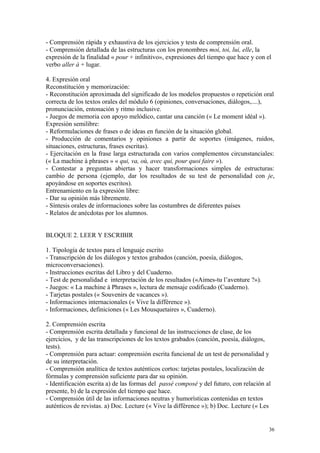 - Comprensión rápida y exhaustiva de los ejercicios y tests de comprensión oral.
- Comprensión detallada de las estructuras con los pronombres moi, toi, lui, elle, la
expresión de la finalidad « pour + infinitivo», expresiones del tiempo que hace y con el
verbo aller à + lugar.
4. Expresión oral
Reconstitución y memorización:
- Reconstitución aproximada del significado de los modelos propuestos o repetición oral
correcta de los textos orales del módulo 6 (opiniones, conversaciones, diálogos,....),
pronunciación, entonación y ritmo inclusive.
- Juegos de memoria con apoyo melódico, cantar una canción (« Le moment idéal »).
Expresión semilibre:
- Reformulaciones de frases o de ideas en función de la situación global.
- Producción de comentarios y opiniones a partir de soportes (imágenes, ruidos,
situaciones, estructuras, frases escritas).
- Ejercitación en la frase larga estructurada con varios complementos circunstanciales:
(« La machine à phrases » « qui, va, où, avec qui, pour quoi faire »).
- Contestar a preguntas abiertas y hacer transformaciones simples de estructuras:
cambio de persona (ejemplo, dar los resultados de su test de personalidad con je,
apoyándose en soportes escritos).
Entrenamiento en la expresión libre:
- Dar su opinión más libremente.
- Síntesis orales de informaciones sobre las costumbres de diferentes países
- Relatos de anécdotas por los alumnos.
BLOQUE 2. LEER Y ESCRIBIR
1. Tipología de textos para el lenguaje escrito
- Transcripción de los diálogos y textos grabados (canción, poesía, diálogos,
microconversaciones).
- Instrucciones escritas del Libro y del Cuaderno.
- Test de personalidad e interpretación de los resultados («Aimes-tu l’aventure ?»).
- Juegos: « La machine à Phrases », lectura de mensaje codificado (Cuaderno).
- Tarjetas postales (« Souvenirs de vacances »).
- Informaciones internacionales (« Vive la différence »).
- Informaciones, definiciones (« Les Mousquetaires », Cuaderno).
2. Comprensión escrita
- Comprensión escrita detallada y funcional de las instrucciones de clase, de los
ejercicios, y de las transcripciones de los textos grabados (canción, poesía, diálogos,
tests).
- Comprensión para actuar: comprensión escrita funcional de un test de personalidad y
de su interpretación.
- Comprensión analítica de textos auténticos cortos: tarjetas postales, localización de
fórmulas y comprensión suficiente para dar su opinión.
- Identificación escrita a) de las formas del passé composé y del futuro, con relación al
presente, b) de la expresión del tiempo que hace.
- Comprensión útil de las informaciones neutras y humorísticas contenidas en textos
auténticos de revistas. a) Doc. Lecture (« Vive la différence »); b) Doc. Lecture (« Les
36
 