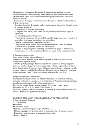 Mousquetaires », Cuaderno). Estrategias de lectura rápida, localizaciones de
informaciones útiles o interesantes y sondeos visuales sobre estas informaciones.
- Comprensión rápida y detallada del modelo a seguir para redactar e ilustrar una
narración (Projet).
- Comprensión de juegos, pensamiento lateral (Cuaderno) y de réplicas humorísticas.
3. Expresión escrita
Reproducción escrita de modelos orales o escritos con o sin soporte. Ejemplo: copiar
un resumen (Cuaderno).
Expresión escrita guiada y semi-guiada:
- Completar unas frases y unos textos con las palabras que convengan según el
significado.
Encontrar la pregunta o la respuesta.
- Variación de estructuras: tiempos verbales, cambio de persona verbal y cambios de
pronombres personales, sustituciones por pronombres.
- Asociar expresiones para hacer una frase larga.
- Juegos de escritura: escribir un poema combinando frases cortas (Cuaderno).
Expresión escrita más libre: escribir una tarjeta postal.
Redactar en pequeños grupos un texto y presentarlo con apoyo de ilustraciones.
Comunicación por correo electrónico: Enviar una tarjeta postal a su comunicante
4. Competencias integradas
Tarea global: Projet « Histoire illustrée ».
Tipo de actividad: Preparación en pequeños grupos de un texto y un póster con
ilustraciones, según un modelo.
Actividad global que integra diversas competencias y actitudes: Trabajo de grupo,
expresión escrita, collage, ilustraciones, exposición colectiva y presentación oral en
clase. Reutilización de las expresiones del tiempo y de las formas verbales en pasado,
presente y futuro, estudiadas. Reutilización del mayor número posible de estructuras
trabajadas en este curso. Evaluaciones mutuas sobre criterios colectivos.
Integración de lo oral y de lo escrito:
Paso de una información oral a una información escrita y viceversa: a) Explicar,
comentar oralmente los resultados de un test escrito, b) Asociar el texto de una tarjeta
postal y unos comentarios orales sobre sus vacaciones.
Escribir una canción dictada o cantar una canción leyendo el texto escrito.
Lectura en voz alta la tarjeta postal « Cher Gérard ».
Escuchar y subrayar las frases escuchadas (Cuaderno), y subrayar errores en un texto
escrito a partir de una grabación (Cuaderno).
BLOQUE 3. REFLEXIÓN SOBRE LA LENGUA Y SU APRENDIZAJE
1, Conocimiento de la lengua
1.1. Vocabulario
• Estaciones.
• Sensaciones físicas.
• El tiempo (la meteorología: il neige, il fait beau…).
• El tiempo que pasa (adverbios y adjetivos temporales: hier, demain, prochain)
• Expresiones para empezar y terminar una tarjeta postal.
• Lugares dónde ir.
37
 