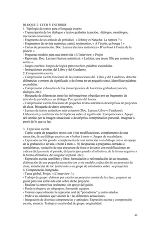 BLOQUE 2. LEER Y ESCRIBIR
1. Tipología de textos para el lenguaje escrito
- Transcripción de los diálogos y textos grabados (canción, diálogos, monólogos,
microconversaciones)
- Fragmento de un artículo de periódico « Johnny et Natacha: La rupture ? »
- Fragmentos de revista auténtica, cartel, testimonios, « À l’école, ça bouge ! »
- Cartas de presentación. Doc. Lecture (lectura auténtica) « D’un bout à l’autre de la
planète »
- Preguntas modelo para una entrevista « L’Interview » Projet
- Reportaje. Doc. Lecture (lectura auténtica): « Laëtitia, une jeune fille pas comme les
autres ».
- Juegos escritos: Juegos de lógica para resolver, palabras escondidas.
- Instrucciones escritas del Libro y del Cuaderno.
2. Comprensión escrita
- Comprensión escrita funcional de las instrucciones del Libro y del Cuaderno, detectar
diferencias o errores de significado o de forma en un pequeño texto, identificar palabras
escondidas.
- Comprensión exhaustiva de las transcripciones de los textos grabados (canción,
diálogos, etc.).
- Búsqueda de diferencias entre las informaciones ofrecidas por un fragmento de
artículo de periódico y un diálogo. Percepción del humor.
- Comprensión escrita funcional de pequeños textos auténticos descriptivos de proyectos
de clase. Búsqueda de datos concretos.
- Lectura de textos auténticos más extensos (Doc. Lecture Libro y Cuaderno).
Elaboración y confirmación de hipótesis sobre el significado. Comparaciones. Apoyo
del sentido por la imagen situacional o descriptiva. Interpretación personal. Imaginar a
partir de lo que se lee.
3. Expresión escrita
- Copia: copia de pequeños textos con o sin modificaciones, complemento de una
narración, de un diálogo escrito con « boîtes à mots ». Juegos de vocabulario.
- Expresión escrita guiada: complemento de una narración o un diálogo con o sin apoyo
de la grabación o de una « boîte à mots » b) Respuestas a preguntas cerradas o
semiabiertas, variación de una estructura de frase o de texto con modificaciones en
cadena (del presente al pasado, del participio pasado al infinitivo, de la forma negativa a
la forma afirmativa, del singular al plural etc.).
- Expresión escrita semilibre y libre: formulación o reformulación de un resumen,
elaboración de una pequeña narración con o sin modelo, redacción de un proyecto de
clase, simulación de rol (entrevista a un grupo de estudiantes sobre su proyecto)
4. Competencias integradas
- Tarea global: Projet: « L’interview ! »
- Trabajo de grupo: elaborar por escrito un proyecto común de la clase; preparar un
guión para una entrevista oral sobre dicho proyecto.
- Realizar la entrevista oralmente, sin apoyo del guión.
- Puede trabajarse en subgrupos, formando equipos.
- Valorar especialmente la expresión oral de “periodistas” y entrevistados.
- Pedir a los alumnos que valoren la / las diferentes actuaciones.
- Integración de diversas competencias y aptitudes: Expresión escrita y comprensión
escrita, sintaxis. Trabajo y creatividad de grupo, originalidad.
49
 