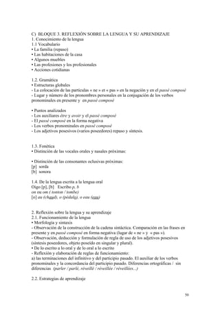 C) BLOQUE 3. REFLEXIÓN SOBRE LA LENGUA Y SU APRENDIZAJE
1. Conocimiento de la lengua
1.1 Vocabulario
• La familia (repaso)
• Las habitaciones de la casa
• Algunos muebles
• Las profesiones y los profesionales
• Acciones cotidianas
1.2. Gramática
• Estructuras globales
- La colocación de las partículas « ne » et « pas » en la negación y en el passé composé
- Lugar y número de los pronombres personales en la conjugación de los verbos
pronominales en presente y en passé composé
• Puntos analizados
- Los auxiliares être y avoir y el passé composé
- El passé composé en la forma negativa
- Los verbos pronominales en passé composé
- Los adjetivos posesivos (varios poseedores) repaso y síntesis.
1.3. Fonética
• Distinción de las vocales orales y nasales próximas:
• Distinción de las consonantes oclusivas próximas:
[p] sorda
[b] sonora
1.4. De la lengua escrita a la lengua oral
Oigo [p], [b] Escribo p, b
on ou om ( tonton / tombe)
[o] au (chaud), o (pédalo), o eau (eau)
2. Reflexión sobre la lengua y su aprendizaje
2.1. Funcionamiento de la lengua
• Morfología y sintaxis
- Observación de la construcción de la cadena sintáctica. Comparación en las frases en
presente y en passé composé en forma negativa (lugar de « ne » y « pas »).
- Observación, deducción y formulación de regla de uso de los adjetivos posesivos
(síntesis poseedores, objeto poseído en singular y plural).
• De lo escrito a lo oral y de lo oral a lo escrito
- Reflexión y elaboración de reglas de funcionamiento:
a) las terminaciones del infinitivo y del participio pasado. El auxiliar de los verbos
pronominales y la concordancia del participio pasado. Diferencias ortográficas / sin
diferencias (parler / parlé, réveillé / réveillée / réveillées...)
2.2. Estrategias de aprendizaje
50
 
