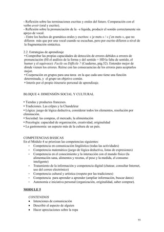 - Reflexión sobre las terminaciones escritas y orales del futuro. Comparación con el
verbo avoir (oral y escrito).
- Reflexión sobre la pronunciación de la –s líquida, producir el sonido correctamente sin
apoyo de vocal.
- Entre los hechos de gramática orales y escritos: « je mets » / « j’en mets », que no
difieren más que por una vocal cuando se escuchan, pero por escrito difieren a nivel de
la fragmentación sintáctica.
2.2. Estrategias de aprendizaje
• Comprobar las propias capacidades de detección de errores debidos a errores de
pronunciación (HI el análisis de la forma y del sentido + HD la falta de sentido, el
humor y el equívoco): Facile ou Difficile ? (Cuaderno, pág.52). Entender mejor de
dónde vienen los errores. Reírse con las consecuencias de los errores para aceptarlos
mejor.
• Cooperación en grupos para una tarea en la que cada uno tiene una función
determinada, y el grupo un objetivo común.
 Interés por el propio itinerario personal de aprendizaje.
BLOQUE 4. DIMENSIÓN SOCIAL Y CULTURAL
 Tiendas y productos franceses.
 Tradiciones. Las crêpes y la Chandeleur
 Lógica: juego de lógica deductiva, considerar todos los elementos, resolución por
eliminación.
 Sociedad: las compras, el mercado, la alimentación
 Psicología: capacidad de organización, creatividad, originalidad
 La gastronomía: un aspecto más de la cultura de un país.
COMPETENCIAS BÁSICAS
En el Módulo 4 se priorizan las competencias siguientes:
- Competencia en comunicación lingüística (todas las actividades)
- Competencia matemática (juego de lógica deductiva, listas de expresiones)
- Competencia en el conocimiento y la interacción con el mundo físico (la
alimentación sana, alimentos y recetas, el peso y la medida, el consumo
inteligente)
- Tratamiento de la información y competencia digital (chatear, consultar Internet,
uso del correo electrónico)
- Competencia cultural y artística (respeto por las tradiciones)
- Competencia para aprender a aprender (ampliar información, buscar datos)
- Autonomía e iniciativa personal (organización, originalidad, saber comprar).
MODULE 5
CONTENIDOS
• Intenciones de comunicación
• Describir el aspecto de alguien
• Hacer apreciaciones sobre la ropa
55
 