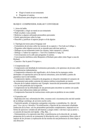 • Elegir el menú en un restaurante
• Preguntar el camino.
Dar indicaciones para dirigirse en una ciudad.
BLOQUE 1.COMPRENDER, HABLAR Y CONVERSAR
1. Actos de habla
• Comprender y elegir un menú en un restaurante
• Pedir un plato o una comida
• Referirse a alguien utilizando pronombres personales
• Emitir apreciaciones sobre la ropa
• Describir y justificar el aspecto propio o el de alguien
2. Tipología de textos para el lenguaje oral
- Comentarios de jóvenes sobre las razones de su aspecto « Ton look au Collège ».
- Preguntas sobre alguien acerca de su atuendo para adivinar quién es.
- Diálogos en un restaurante (entre los clientes, entre camarero y cliente).
- Diálogo « J’adore les surprises ». Test CO, Cuaderno L5 pág. 62.
- Conversaciones en la calle para preguntar el camino.
- Conversación telefónica entre Benjamin et Richard, para saber cómo llegar a casa de
Richard.
- Canción « Sur le pont d’Avignon ».
3. Comprensión oral
- Comprensión oral detallada de testimonios personales y de opiniones de jóvenes sobre
sus preferencias indumentarias.
- Comprensión exhaustiva del significado y de la forma de los mensajes orales
destinados a la aportación activa de nuevas estructuras, actos de habla y puntos de
gramática nuevos del módulo.
- Comprensión rápida y exhaustiva de preguntas en situación simulada (el camarero de
un restaurante) para poder contestar de manera realista (consultando un menú).
- Recorte de la cadena sintáctica oral. Ejemplo: inserción del pronombre personal COD
o en, las dos partículas de la negación.
- Comprensión de las dificultades de una persona para encontrar su camino con ayuda
sólo de unas indicaciones dadas por teléfono.
- Comprensión funcional de instrucciones orales para no perderse en una ciudad.
4. Expresión oral
- Reproducción oral, reformulación libre, resumen oral o reconstrucción oral del sentido
de un diálogo semilargo, de un texto escrito corto.
- Expresión guiada: a) respuestas a preguntas concretas o semiabiertas. Ej.: Qui dit
quoi ?Avec qui tu t’identifies? b) reutilización y fijación de las estructuras estudiadas
(reducción de la frase con los pronombres personales complementos, imperativos) en
forma de ejercicios variados de adivinanzas y juegos orales « devinez à qui je pense »,
c) canción d) reacción oral rápida: « Bip, Bip... ».
- Entrenamiento a la expresión más libre: a) preferencias en la elección de un menú,
propuestas de la carta de un restaurante b) descripción oral y comentarios libres sobre el
aspecto de los jóvenes c) explicación de las razones de una preferencia d) cómo llegar a
una dirección
56
 