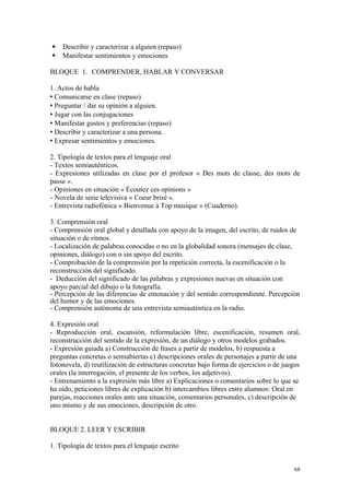  Describir y caracterizar a alguien (repaso)
 Manifestar sentimientos y emociones
BLOQUE 1. COMPRENDER, HABLAR Y CONVERSAR
1. Actos de habla
 Comunicarse en clase (repaso)
 Preguntar / dar su opinión a alguien.
 Jugar con las conjugaciones
 Manifestar gustos y preferencias (repaso)
 Describir y caracterizar a una persona.
 Expresar sentimientos y emociones.
2. Tipología de textos para el lenguaje oral
- Textos semiauténticos.
- Expresiones utilizadas en clase por el profesor « Des mots de classe, des mots de
passe ».
- Opiniones en situación « Écoutez ces opinions »
- Novela de serie televisiva « Coeur brisé ».
- Entrevista radiofónica « Bienvenue à Top musique » (Cuaderno).
3. Comprensión oral
- Comprensión oral global y detallada con apoyo de la imagen, del escrito, de ruidos de
situación o de ritmos.
- Localización de palabras conocidas o no en la globalidad sonora (mensajes de clase,
opiniones, diálogo) con o sin apoyo del escrito.
- Comprobación de la comprensión por la repetición correcta, la escenificación o la
reconstrucción del significado.
- Deducción del significado de las palabras y expresiones nuevas en situación con
apoyo parcial del dibujo o la fotografía.
- Percepción de las diferencias de entonación y del sentido correspondiente. Percepción
del humor y de las emociones.
- Comprensión autónoma de una entrevista semiauténtica en la radio.
4. Expresión oral
- Reproducción oral, escansión, reformulación libre, escenificación, resumen oral,
reconstrucción del sentido de la expresión, de un diálogo y otros modelos grabados.
- Expresión guiada a) Construcción de frases a partir de modelos, b) respuesta a
preguntas concretas o semiabiertas c) descripciones orales de personajes a partir de una
fotonovela, d) reutilización de estructuras concretas bajo forma de ejercicios o de juegos
orales (la interrogación, el presente de los verbos, los adjetivos).
- Entrenamiento a la expresión más libre a) Explicaciones o comentarios sobre lo que se
ha oído, peticiones libres de explicación b) intercambios libres entre alumnos: Oral en
parejas, reacciones orales ante una situación, comentarios personales, c) descripción de
uno mismo y de sus emociones, descripción de otro.
BLOQUE 2. LEER Y ESCRIBIR
1. Tipología de textos para el lenguaje escrito
68
 