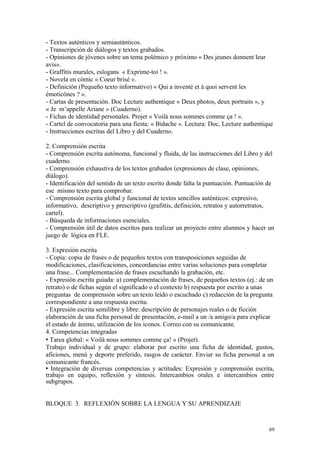 - Textos auténticos y semiautánticos.
- Transcripción de diálogos y textos grabados.
- Opiniones de jóvenes sobre un tema polémico y próximo « Des jeunes donnent leur
avis».
- Graffitis murales, eslogans « Exprime-toi ! ».
- Novela en cómic « Coeur brisé ».
- Definición (Pequeño texto informativo) « Qui a inventé et à quoi servent les
émoticônes ? ».
- Cartas de presentación. Doc Lecture authentique « Deux photos, deux portraits », y
« Je m’appelle Ariane » (Cuaderno).
- Fichas de identidad personales. Projet « Voilà nous sommes comme ça ! ».
- Cartel de convocatoria para una fiesta: « Bidache ». Lectura: Doc, Lecture authentique
- Instrucciones escritas del Libro y del Cuaderno.
2. Comprensión escrita
- Comprensión escrita autónoma, funcional y fluida, de las instrucciones del Libro y del
cuaderno.
- Comprensión exhaustiva de los textos grabados (expresiones de clase, opiniones,
diálogo).
- Identificación del sentido de un texto escrito donde falta la puntuación. Puntuación de
ese mismo texto para comprobar.
- Comprensión escrita global y funcional de textos sencillos auténticos: expresivo,
informativo, descriptivo y prescriptivo (grafittis, definición, retratos y autorretratos,
cartel).
- Búsqueda de informaciones esenciales.
- Comprensión útil de datos escritos para realizar un proyecto entre alumnos y hacer un
juego de lógica en FLE.
3. Expresión escrita
- Copia: copia de frases o de pequeños textos con transposiciones seguidas de
modificaciones, clasificaciones, concordancias entre varias soluciones para completar
una frase... Complementación de frases escuchando la grabación, etc.
- Expresión escrita guiada: a) complementación de frases, de pequeños textos (ej.: de un
retrato) o de fichas según el significado o el contexto b) respuesta por escrito a unas
preguntas de comprensión sobre un texto leído o escuchado c) redacción de la pregunta
correspondiente a una respuesta escrita.
- Expresión escrita semilibre y libre: descripción de personajes reales o de ficción
elaboración de una ficha personal de presentación, e-mail a un /a amigo/a para explicar
el estado de ánimo, utilización de los iconos. Correo con su comunicante.
4. Competencias integradas
 Tarea global: « Voilà nous sommes comme ça! » (Projet).
Trabajo individual y de grupo: elaborar por escrito una ficha de identidad, gustos,
aficiones, menú y deporte preferido, rasgos de carácter. Enviar su ficha personal a un
comunicante francés.
 Integración de diversas competencias y actitudes: Expresión y comprensión escrita,
trabajo en equipo, reflexión y síntesis. Intercambios orales e intercambios entre
subgrupos.
BLOQUE 3. REFLEXIÓN SOBRE LA LENGUA Y SU APRENDIZAJE
69
 