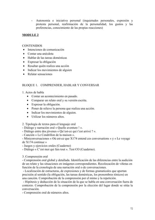 - Autonomía e iniciativa personal (inquietudes personales, expresión y
protesta personal, reafirmación de la personalidad, los gustos y las
preferencias, conocimiento de las propias reacciones)
MODULE 2
CONTENIDOS
• Intenciones de comunicación
• Contar una anécdota
• Hablar de las tareas domésticas
• Expresar la obligación
• Resaltar quién realiza una acción
• Indicar los movimientos de alguien
• Relatar sensaciones
BLOQUE 1. COMPRENDER, HABLAR Y CONVERSAR
1. Actos de habla
• Contar un acontecimiento en pasado.
• Comparar un relato oral y su versión escrita.
• Expresar la obligación.
• Poner de relieve la persona que realiza una acción.
• Indicar los movimientos de alguien.
• Utilizar los números altos.
2. Tipología de textos para el lenguaje oral
- Diálogo y narración oral « Quelle aventure ! ».
- Diálogo entre dos jóvenes « Qu’est-ce qui t’est arrivé ? ».
- Canción « Le Cendrillon de la maison ».
- Miniconversaciones « Où est-ce que X174 entend ces conversations » y « Le voyage
de X174 continue »
- Juegos y ejercicios orales (Cuaderno)
- Diálogo « C’est moi qui fais tout ». Test CO (Cuaderno).
3. Comprensión oral
- Comprensión oral global y detallada. Identificación de las diferencias entre la audición
de un relato y las situaciones en imágenes correspondientes. Recolocación de viñetas en
función de la cronología de una narración oral o de conversaciones.
- Localización de estructuras, de expresiones y de formas gramaticales que aportan
precisión al sentido (la obligación, las tareas domésticas, los pronombres tónicos) en
una canción. Comprobación de la comprensión por el mimo y la repetición.
- Hipótesis y deducción de la situación de la que se habla en una conversación fuera de
contexto. Comprobación de la comprensión por la elección del lugar donde se sitúa la
conversación.
- Comprensión oral de números altos.
72
 