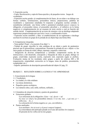 3. Expresión escrita
- Copia: Recolocación y copia de frases-puzzles y de pequeños textos. Juegos de
vocabulario.
- Expresión escrita guiada: a) complementación de frases, de un relato o un diálogo con
formas verbales, terminaciones, pronombres tónicos, preposiciones, palabras de
vocabulario y expresiones estudiadas b) respuesta a preguntas escritas cerradas o
semiabiertas utilizando una forma verbal o gramatical estudiada (passé composé, la
obligación, el pronombre tónico, el pronombre adverbial y, el infinitivo en la forma
negativa) c) complementación de un resumen de texto escrito u oral en función del
sentido inicial. Complementación de un texto de consejos o de un decálogo adaptando
expresiones proporcionadas por una boîte à mots, o continuando el texto.
- Expresión escrita semilibre y libre: a) establecimiento de un reglamento o decálogo
escritura b) escritura en grupo de la jornada de un objeto bajo una forma libre.
4. Competencias integradas
- Tarea global: Projet « La journée d’un objet ! »
- Trabajo de grupo: describir la vida cotidiana de un objeto a partir de parámetros
precisos que lo personifican y personalizan. Presentar la jornada de ese « objeto » a los
otros grupos en forma de relato, dibujo, reportaje, esquetch o entrevista.
- Integración de diversas competencias y actitudes: comprensión escrita de las
instrucciones y del desarrollo, concepción y búsqueda de ideas en grupo, diálogo en
grupo, creatividad, expresión escrita, expresión oral, expresión según se prefiera.
Evaluación mutua de los resultados entre grupos a partir de criterios HD y HI
(organización, originalidad, corrección en la lengua, toma de palabra, presentación,
complejidad, etc.)
- Soporte: parámetros de descripción personificada del objeto LE pág. 25.
BLOQUE 3. REFLEXIÓN SOBRE LA LENGUA Y SU APRENDIZAJE
1. Conocimiento de la lengua
1.1. Vocabulario
• La ciudad y la vida cotidiana
• Las tareas domésticas.
• Pequeños gestos ecológicos.
• Los números altos, cent, mille, millions, milliards…
1.2. Gramática de situación (sintaxis y puntos de gramática)
• Estructuras globales
-Las estructuras de la obligación: il faut + inf., devoir + inf.
-La mise en relief y los pronombres tónicos: C’est (lui, moi ...) qui moi, je +
verbo (eux, ils...).
-La colocación de la forma negativa ne pas, con infinitivo.
• Puntos analizados
-Los auxiliares être et avoir y el passé composé (repaso).
-La concordancia del participio pasado en el caso del auxiliar être (repaso).
-El presente de los verbos de los tres grupos.
74
 