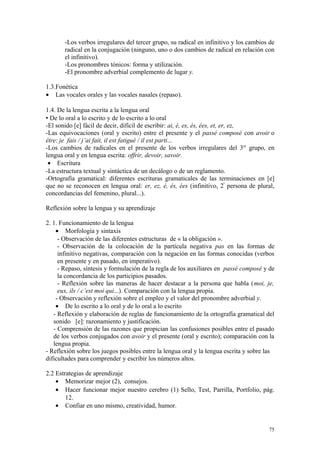 -Los verbos irregulares del tercer grupo, su radical en infinitivo y los cambios de
radical en la conjugación (ninguno, uno o dos cambios de radical en relación con
el infinitivo).
-Los pronombres tónicos: forma y utilización.
-El pronombre adverbial complemento de lugar y.
1.3.Fonética
• Las vocales orales y las vocales nasales (repaso).
1.4. De la lengua escrita a la lengua oral
 De lo oral a lo escrito y de lo escrito a lo oral
-El sonido [e] fácil de decir, difícil de escribir: ai, é, es, és, ées, et, er, ez,
-Las equivocaciones (oral y escrito) entre el presente y el passé composé con avoir o
être: je fais / j’ai fait, il est fatigué / il est parti...
-Los cambios de radicales en el presente de los verbos irregulares del 3er
grupo, en
lengua oral y en lengua escrita: offrir, devoir, savoir.
• Escritura
-La estructura textual y sintáctica de un decálogo o de un reglamento.
-Ortografía gramatical: diferentes escrituras gramaticales de las terminaciones en [e]
que no se reconocen en lengua oral: er, ez, é, és, ées (infinitivo, 2ª
persona de plural,
concordancias del femenino, plural...).
Reflexión sobre la lengua y su aprendizaje
2. 1. Funcionamiento de la lengua
• Morfología y sintaxis
- Observación de las diferentes estructuras de « la obligación ».
- Observación de la colocación de la partícula negativa pas en las formas de
infinitivo negativas, comparación con la negación en las formas conocidas (verbos
en presente y en pasado, en imperativo).
- Repaso, síntesis y formulación de la regla de los auxiliares en passé composé y de
la concordancia de los participios pasados.
- Reflexión sobre las maneras de hacer destacar a la persona que habla (moi, je,
eux, ils / c’est moi qui...). Comparación con la lengua propia.
- Observación y reflexión sobre el empleo y el valor del pronombre adverbial y.
• De lo escrito a lo oral y de lo oral a lo escrito
- Reflexión y elaboración de reglas de funcionamiento de la ortografía gramatical del
sonido [e]: razonamiento y justificación.
- Comprensión de las razones que propician las confusiones posibles entre el pasado
de los verbos conjugados con avoir y el presente (oral y escrito); comparación con la
lengua propia.
- Reflexión sobre los juegos posibles entre la lengua oral y la lengua escrita y sobre las
dificultades para comprender y escribir los números altos.
2.2 Estrategias de aprendizaje
• Memorizar mejor (2), consejos.
• Hacer funcionar mejor nuestro cerebro (1) Sello, Test, Parrilla, Portfolio, pág.
12.
• Confiar en uno mismo, creatividad, humor.
75
 