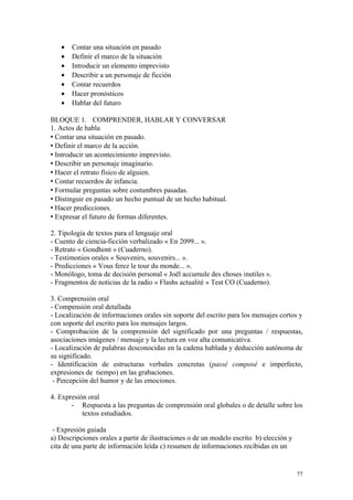 • Contar una situación en pasado
• Definir el marco de la situación
• Introducir un elemento imprevisto
• Describir a un personaje de ficción
• Contar recuerdos
• Hacer pronósticos
• Hablar del futuro
BLOQUE 1. COMPRENDER, HABLAR Y CONVERSAR
1. Actos de habla
 Contar una situación en pasado.
 Definir el marco de la acción.
 Introducir un acontecimiento imprevisto.
 Describir un personaje imaginario.
 Hacer el retrato físico de alguien.
 Contar recuerdos de infancia.
 Formular preguntas sobre costumbres pasadas.
 Distinguir en pasado un hecho puntual de un hecho habitual.
 Hacer predicciones.
 Expresar el futuro de formas diferentes.
2. Tipología de textos para el lenguaje oral
- Cuento de ciencia-ficción verbalizado « En 2099... ».
- Retrato « Gondhont » (Cuaderno).
- Testimonios orales « Souvenirs, souvenirs... ».
- Predicciones « Vous ferez le tour du monde... ».
- Monólogo, toma de decisión personal « Joël accumule des choses inutiles ».
- Fragmentos de noticias de la radio « Flashs actualité » Test CO (Cuaderno).
3. Comprensión oral
- Compensión oral detallada
- Localización de informaciones orales sin soporte del escrito para los mensajes cortos y
con soporte del escrito para los mensajes largos.
- Comprobación de la comprensión del significado por una preguntas / respuestas,
asociaciones imágenes / mensaje y la lectura en voz alta comunicativa.
- Localización de palabras desconocidas en la cadena hablada y deducción autónoma de
su significado.
- Identificación de estructuras verbales concretas (passé composé e imperfecto,
expresiones de tiempo) en las grabaciones.
- Percepción del humor y de las emociones.
4. Expresión oral
- Respuesta a las preguntas de comprensión oral globales o de detalle sobre los
textos estudiados.
- Expresión guiada
a) Descripciones orales a partir de ilustraciones o de un modelo escrito b) elección y
cita de una parte de información leída c) resumen de informaciones recibidas en un
77
 