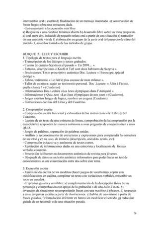 intercambio oral o escrito d) finalización de un mensaje inacabado e) construcción de
frases largas sobre una estructura dada.
- Entrenamiento a la expresión más libre
a) Respuesta a una cuestión temática abierta b) desarrollo libre sobre un tema propuesto
c) oral entre dos, inducido d) pequeño relato oral a partir de una situación e) narración
de una anécdota vivida f) elaboración en grupo de la parte oral del proyecto de clase del
módulo 3, acuerdos tomados de los métodos de grupo.
BLOQUE 2. LEER Y ESCRIBIR
1. Tipología de textos para el lenguaje escrito
- Transcripción de los diálogos y textos grabados.
- Cuento de ciencia-ficción en el pasado « En 2099… ».
- Retratos, descripciones « Kaofi et Terl sont deux habitants de Sazyria ».
- Predicciones. Texto prescriptivo auténtico Doc. Lecture « Horoscope, spécial
collège ».
- Relato, testimonio « Le fait le plus cocasse de mon enfance ».
- Taller de escritura: según un testimonio personal. Doc .Lecture: « Aller à l’école,
quelle chance ! » (Cuaderno).
- Informaciones Doc-Lecture «Les Jeux olympiques dans l’Antiquité »
- Informaciones y Quiz, test «Les Jeux olympiques de nos jours » (Cuaderno).
- Juegos escritos Juegos de lógica, resolver un enigma (Cuaderno).
- Instrucciones escritas del Libro y del Cuaderno.
2. Comprensión escrita
- Comprensión escrita funcional y exhaustiva de las instrucciones del Libro y del
Cuaderno.
- Lectura de un texto de una treintena de líneas, comprobación de la comprensión por la
capacidad en responder de manera autónoma a unas preguntas de comprensión o a unos
QUIZ.
- Juegos de palabras, separación de palabras unidas.
- Análisis y reconocimiento de estructuras y expresiones para comprender la estructura
de un texto y en su caso, de imitarlo (descripción, anécdota, relato, etc).
- Comprensión exhaustiva y autónoma de textos cortos.
- Restitución de informaciones dadas en una entrevista y localización de formas
verbales concretas.
- Percepción del humor en documentos auténticos de revista para jóvenes.
- Búsqueda de datos en un texto auténtico informativo para poder hacer un test de
conocimientos o una conversación entre dos sobre este tema.
3. Expresión escrita
- Reutilización escrita de los modelos (hacer juegos de vocabulario, copiar con
modificaciones en cadena, completar un texto con variaciones verbales, reescribir un
texto en pasado).
- Expresión guiada y semilibre: a) complementación de la descripción física de un
personaje y comprobación con apoyo de la grabación o de una boîte à mots. b)
invención de situaciones recomponiendo frases con una machine à phrases. d) respuesta
a unas preguntas escritas a partir de ilustraciones. e) hablar de uno mismo a partir de
frases guiadas. f) formulación diferente en futuro sin modificar el sentido. g) redacción
guiada de un recuerdo o de una situación pasada.
78
 