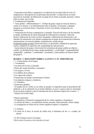 - Expresión escrita libre e imaginativa: a) redacción de un relato leído al revés. b)
imaginación y descripción de un personaje desconocido. c) redacción de un relato
personal en el pasado. d) elaboración en grupo de un relato en pasado, presente y futuro
sobre un tema que se elija.
4. Competencias integradas
 Tarea global: « Métamorphoses! ». Trabajo de grupo: elegir un tema de interés y
contar su evolución o su transformación entre el pasado y el presente, y después
imaginar su evolución futura. Transmitir el texto a los demás, enriquecido con
ilustraciones.
 Integración de diversas competencias y actitudes: Elección del tema y de los métodos
en grupo, distribución de tareas (búsqueda de información en Internet, selección,
lectura, elaboración de textos escritos, búsqueda o elaboración de ilustraciones y de
métodos de transmisión a los demás), preparación en grupo de la transmisión (cohesión,
entrenamiento a la toma de palabra, comprobación, ayuda mutua).
Evaluación mutua en clase: Interés del tema y su desarrollo, calidad de la expresión
escrita, calidad de la expresión oral, originalidad de cada proyecto.
Autoevaluación de grupo: observación de la dinámica de grupo (¿había un objetivo
común? ¿la distribución de tareas estaba equilibrada ? ¿creatividad ? ¿responsabilidad
compartida? ¿ambiente ? ¿solidaridad ? ¿resultados? ¿intercambios en francés dentro
del grupo?)
BLOQUE 3. REFLEXIÓN SOBRE LA LENGUA Y SU APRENDIZAJE
1. 1. Conocimiento de la lengua
1. Vocabulario
 Las partes de la cara, el peinado.
 Partes del cuerpo (hombres y animales)
 Los juegos y el ocio
 Los hábitos de la infancia.
 Los signos del zodiaco.
 Expresiones de tiempo concernientes al futuro.
 Los deportes antiguos y modernos.
1.2. Gramática
 Estructuras globales
- El empleo de los verbos en un relato en pasado: el imperfecto para la descripción del
ambiente y de la repetición de un hecho habitual, el passé composé para la cronología
de las acciones (repaso) y para la introducción de un elemento imprevisto (soudain...).
- Sintaxis de la frase larga.
 Puntos analizados
- El imperfecto: formación (conjugación de los verbos regulares e irregulares).
- La noción de futuro y sus diferentes formas: presente, futuro próximo, futuro simple.
- La conjugación en futuro de los verbos regulares (repaso) e irregulares.
1.3. Fonética
 El ritmo de la frase, la noción de sílaba oral, el fenómeno de las « e » mudas, las
pausas.
1.4. De la lengua escrita a la lengua
 De lo oral a lo escrito y de lo escrito a lo oral
79
 