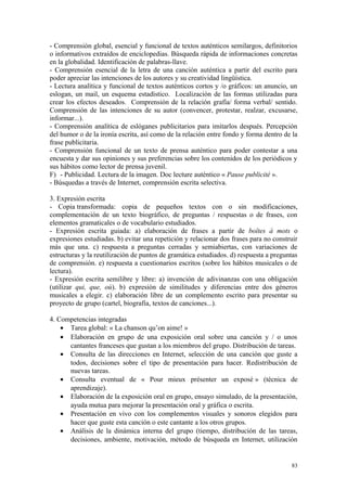 - Comprensión global, esencial y funcional de textos auténticos semilargos, definitorios
o informativos extraídos de enciclopedias. Búsqueda rápida de informaciones concretas
en la globalidad. Identificación de palabras-llave.
- Comprensión esencial de la letra de una canción auténtica a partir del escrito para
poder apreciar las intenciones de los autores y su creatividad lingüística.
- Lectura analítica y funcional de textos auténticos cortos y /o gráficos: un anuncio, un
eslogan, un mail, un esquema estadístico. Localización de las formas utilizadas para
crear los efectos deseados. Comprensión de la relación grafía/ forma verbal/ sentido.
Comprensión de las intenciones de su autor (convencer, protestar, realzar, excusarse,
informar...).
- Comprensión analítica de eslóganes publicitarios para imitarlos después. Percepción
del humor o de la ironía escrita, así como de la relación entre fondo y forma dentro de la
frase publicitaria.
- Comprensión funcional de un texto de prensa auténtico para poder contestar a una
encuesta y dar sus opiniones y sus preferencias sobre los contenidos de los periódicos y
sus hábitos como lector de prensa juvenil.
F) - Publicidad. Lectura de la imagen. Doc lecture auténtico « Pause publicité ».
- Búsquedas a través de Internet, comprensión escrita selectiva.
3. Expresión escrita
- Copia transformada: copia de pequeños textos con o sin modificaciones,
complementación de un texto biográfico, de preguntas / respuestas o de frases, con
elementos gramaticales o de vocabulario estudiados.
- Expresión escrita guiada: a) elaboración de frases a partir de boîtes à mots o
expresiones estudiadas. b) evitar una repetición y relacionar dos frases para no construir
más que una. c) respuesta a preguntas cerradas y semiabiertas, con variaciones de
estructuras y la reutilización de puntos de gramática estudiados. d) respuesta a preguntas
de comprensión. e) respuesta a cuestionarios escritos (sobre los hábitos musicales o de
lectura).
- Expresión escrita semilibre y libre: a) invención de adivinanzas con una obligación
(utilizar qui, que, où). b) expresión de similitudes y diferencias entre dos géneros
musicales a elegir. c) elaboración libre de un complemento escrito para presentar su
proyecto de grupo (cartel, biografía, textos de canciones...).
4. Competencias integradas
• Tarea global: « La chanson qu’on aime! »
• Elaboración en grupo de una exposición oral sobre una canción y / o unos
cantantes franceses que gustan a los miembros del grupo. Distribución de tareas.
• Consulta de las direcciones en Internet, selección de una canción que guste a
todos, decisiones sobre el tipo de presentación para hacer. Redistribución de
nuevas tareas.
• Consulta eventual de « Pour mieux présenter un exposé » (técnica de
aprendizaje).
• Elaboración de la exposición oral en grupo, ensayo simulado, de la presentación,
ayuda mutua para mejorar la presentación oral y gráfica o escrita.
• Presentación en vivo con los complementos visuales y sonoros elegidos para
hacer que guste esta canción o este cantante a los otros grupos.
• Análisis de la dinámica interna del grupo (tiempo, distribución de las tareas,
decisiones, ambiente, motivación, método de búsqueda en Internet, utilización
83
 