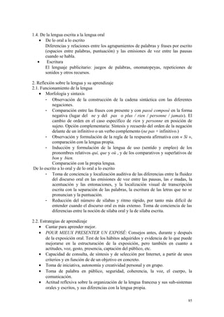 1.4. De la lengua escrita a la lengua oral
• De lo oral a lo escrito
Diferencias y relaciones entre los agrupamientos de palabras y frases por escrito
(espacios entre palabras, puntuación) y las emisiones de voz entre las pausas
cuando se habla.
• Escritura
El lenguaje publicitario: juegos de palabras, onomatopeyas, repeticiones de
sonidos y otros recursos.
2. Reflexión sobre la lengua y su aprendizaje
2.1. Funcionamiento de la lengua
• Morfología y sintaxis
- Observación de la construcción de la cadena sintáctica con las diferentes
negaciones.
- Comparación entre las frases con presente y con passé composé en la forma
negativa (lugar del ne y del pas o plus / rien / personne / jamais). El
cambio de orden en el caso específico de rien y personne en posición de
sujeto. Opción complementaria: Síntesis y recuerdo del orden de la negación
delante de un infinitivo o un verbo complemento (ne pas + infinitivo.)
- Observación y formulación de la regla de la respuesta afirmativa con « Si »,
comparación con la lengua propia.
- Inducción y formulación de la lengua de uso (sentido y empleo) de los
pronombres relativos qui, que y où , y de los comparativos y superlativos de
bon y bien.
Comparación con la propia lengua.
De lo escrito a lo oral y de lo oral a lo escrito
- Toma de conciencia y localización auditiva de las diferencias entre la fluidez
del discurso oral en las emisiones de voz entre las pausas, las e mudas, la
acentuación y las entonaciones, y la localización visual de transcripción
escrita con la separación de las palabras, la escritura de las letras que no se
pronuncian y la puntuación.
- Reducción del número de sílabas y ritmo rápido, por tanto más difícil de
entender cuando el discurso oral es más extenso. Toma de conciencia de las
diferencias entre la noción de sílaba oral y la de sílaba escrita.
2.2. Estrategias de aprendizaje
• Cantar para aprender mejor.
• POUR MIEUX PRESENTER UN EXPOSÉ: Consejos antes, durante y después
de la exposición oral. Test de los hábitos adquiridos y evidencia de lo que puede
mejorarse en la estructuración de la exposición, pero también en cuanto a
actitudes, voz, gesto, presencia, captación del público, etc.
• Capacidad de consulta, de síntesis y de selección por Internet, a partir de unos
criterios y en función de de un objetivo en concreto.
• Toma de iniciativa, autonomía y creatividad personal y en grupo.
• Toma de palabra en público, seguridad, coherencia, la voz, el cuerpo, la
comunicación.
• Actitud reflexiva sobre la organización de la lengua francesa y sus sub-sistemas
orales y escritos, y sus diferencias con la lengua propia.
85
 