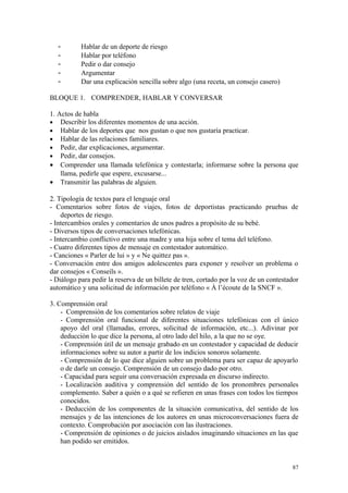 - Hablar de un deporte de riesgo
- Hablar por teléfono
- Pedir o dar consejo
- Argumentar
- Dar una explicación sencilla sobre algo (una receta, un consejo casero)
BLOQUE 1. COMPRENDER, HABLAR Y CONVERSAR
1. Actos de habla
• Describir los diferentes momentos de una acción.
• Hablar de los deportes que nos gustan o que nos gustaría practicar.
• Hablar de las relaciones familiares.
• Pedir, dar explicaciones, argumentar.
• Pedir, dar consejos.
• Comprender una llamada telefónica y contestarla; informarse sobre la persona que
llama, pedirle que espere, excusarse...
• Transmitir las palabras de alguien.
2. Tipología de textos para el lenguaje oral
- Comentarios sobre fotos de viajes, fotos de deportistas practicando pruebas de
deportes de riesgo.
- Intercambios orales y comentarios de unos padres a propósito de su bebé.
- Diversos tipos de conversaciones telefónicas.
- Intercambio conflictivo entre una madre y una hija sobre el tema del teléfono.
- Cuatro diferentes tipos de mensaje en contestador automático.
- Canciones « Parler de lui » y « Ne quittez pas ».
- Conversación entre dos amigos adolescentes para exponer y resolver un problema o
dar consejos « Conseils ».
- Diálogo para pedir la reserva de un billete de tren, cortado por la voz de un contestador
automático y una solicitud de información por teléfono « À l’écoute de la SNCF ».
3. Comprensión oral
- Comprensión de los comentarios sobre relatos de viaje
- Comprensión oral funcional de diferentes situaciones telefónicas con el único
apoyo del oral (llamadas, errores, solicitud de información, etc...). Adivinar por
deducción lo que dice la persona, al otro lado del hilo, a la que no se oye.
- Comprensión útil de un mensaje grabado en un contestador y capacidad de deducir
informaciones sobre su autor a partir de los indicios sonoros solamente.
- Comprensión de lo que dice alguien sobre un problema para ser capaz de apoyarlo
o de darle un consejo. Comprensión de un consejo dado por otro.
- Capacidad para seguir una conversación expresada en discurso indirecto.
- Localización auditiva y comprensión del sentido de los pronombres personales
complemento. Saber a quién o a qué se refieren en unas frases con todos los tiempos
conocidos.
- Deducción de los componentes de la situación comunicativa, del sentido de los
mensajes y de las intenciones de los autores en unas microconversaciones fuera de
contexto. Comprobación por asociación con las ilustraciones.
- Comprensión de opiniones o de juicios aislados imaginando situaciones en las que
han podido ser emitidos.
87
 