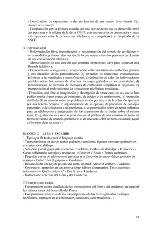 - Localización de expresiones orales en función de una noción determinada. Ej.:
donner des conseils.
- Comprensión con la primera escucha de una conversación que se desarrolla entre
dos personas y la oficina de la de la SNCF, con una escucha de contestador y unas
interrupciones entre la persona que telefonea, su compañero y el empleado de la
SNCF.
4. Expresión oral
- Reformulación libre, memorización o reconstrucción del sentido de un diálogo y
otros modelos grabados: descripción de lo que ocurre entre dos personas en el curso
de una conversación telefónica.
- Memorización de una canción que contiene expresiones-llave para contestar una
llamada telefónica.
- Expresión oral semiguiada a) comparación entre una situación conflictiva grabada
y una situación vivida personalmente, b) invención de situaciones comunicativas
próximas a las estudiadas y escenificación, c) deducción de todas las informaciones
posibles sobre los autores de diversos mensajes grabados en su contestador, d)
reconstrucción de memoria de mensajes de contestador simpáticos u originales, e)
transposición al estilo indirecto de situaciones telefónicas estudiadas,
- Expresión oral libre a) imaginación y descripción de situaciones en las que se han
podido emitir frases cortas de opiniones, de juicios o de sentimientos, b) expresión
detallada de su opinión sobre un problema vivido por otro y de la solución aportada
por una tercera persona, c) argumentación de su opinión, d) propuesta de consejos
personales o de soluciones a un problema, e) argumentación sobre un tema polémico
para un adolescente e imaginación de los argumentos de su madre sobre el mismo
tema, f)) grabación en casete o presentación al público de una emisión de radio en
forma de receta, de anuncio publicitario o de anécdota sobre un tema estudiado (aquí
« être bien dans sa peau »).
BLOQUE 2. LEER Y ESCRIBIR
1. Tipología de textos para el lenguaje escrito
- Transcripciones de ciertos textos grabados: canciones, algunos mensajes grabados en
el contestador, diálogo.
- Situación y diálogo pasado al escrito, Cuaderno.- E-Mails de disculpa: « Conseils ».-
Cartas solicitando consejos y respuestas «Courrier d’Anaïs » Textos auténticos.
- Pequeñas cartas de adolescentes enviadas a la dirección de un periódico, petición de
consejo « Entre filles et garçons », Cuaderno.
- Redacción de una tarjeta postal, una carta, un mail. Atelier d´écriture, Cuaderno.
- Comentario aparecido en una revista sobre hábitos alimentarios. Texto auténtico
informativo « Quelle industrie! » Doc lecture, Cuaderno.
- Instrucciones escritas del Libro y del Cuaderno.
2. Comprensión escrita
- Comprensión escrita detallada de las instrucciones del libro y del cuaderno, en especial
las instrucciones del desarrollo del Projet.
- Comprensión exhaustiva de las transcripciones de los textos grabados (diálogos
telefónicos, mensajes en el contestador, canciones, conversaciones...)
88
 