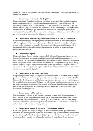 iniciativa y espíritu emprendedor y la competencia matemática y competencias básicas en
ciencia y tecnología.
• Competencia en comunicación lingüística
El aprendizaje del Francés como lengua extranjera se apoya en el aprendizaje de cuatro
destrezas (Comprensión y expresión escritas y comprensión y expresión orales). El
aprendizaje de una lengua extranjera refuerza el conocimiento de la materna, ya que nos
lleva a la reflexión y a la comparación. El aprendizaje del francés mejora la competencia
comunicativa en general ya que contribuye al desarrollo de la expresión ya sea oral o
escrita; en ambas se utilizan las convenciones sociales y se debe discriminar la información
para comprender el mensaje en los diferentes contextos.
• Competencia matemática y competencias básicas en ciencia y tecnología
El estudio de una lengua extranjera plantea muchas situaciones en las que se deben de
elaborar hipótesis y seleccionar del repertorio adquirido. Cuando se estudia una lengua
extranjera las estructuras se aprenden de manera razonada y este ejercicio desarrolla la
competencia lógico-matemática, que es la misma que se utiliza en la resolución de
problemas matemáticos.
• Competencia digital
El aprendizaje del francés permite obtener toda la información que necesitemos en esta
lengua. Es importante la toma de conciencia sobre la utilidad de la lengua para el
conocimiento y la comunicación personal que se produce, gracias a las nuevas tecnologías,
en un tiempo inmediato. Vivimos en un mundo cada vez más globalizado y el aprendizaje
de una lengua extranjera abre puentes entre los países que hablan esa lengua, lo que va
creando una cohesión global que supera las fronteras. Esta cohesión solo se puede llevar a
cabo a través de soportes digitales.
• Competencia de aprender a aprender
El aprendizaje de una lengua extranjera hace que se desarrolle la reflexión sobre el propio
proceso, identificando las estrategias y los recursos más eficaces para el aprendiz. Facilita
la capacidad de interpretar la realidad y de expresarla; lo que hace que se vayan integrando
los conocimientos, se formulen hipótesis y se seleccionen aquellos mecanismos que le va a
permitir expresar sus sentimientos. Se fomenta la reflexión. Cuando se es consciente del
proceso de aprendizaje éste se estructura y se toma conciencia de las capacidades que
forman parte de este proceso.
• Competencia sociales y cívicas
Una lengua es el vehículo de una cultura y transmite el ser y sentir de sus hablantes. El
conocimiento de una lengua extranjera hace que se conozca una nueva sociedad con sus
costumbres y sus particularidades. El respeto y la aceptación de la diferencia como algo
enriquecedor fomenta la tolerancia y el espíritu aperturista. El acercamiento a una nueva
cultura forma ciudadanos más libres y críticos.
• Competencia sentido de iniciativa y espíritu emprendedor
Cuando se aprende una lengua extranjera se desarrollan mecanismos que fomentan la
iniciativa. El alumno gestiona el proceso de su aprendizaje y debe de tomar las decisiones
pertinentes para planificarlo y organizarlo para que sea eficaz tanto en el aula como en las
situaciones de la vida real que se le puedan plantear. El aprendizaje de una Lengua
9
 