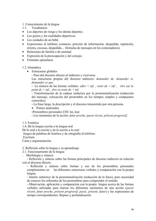 1. Conocimiento de la lengua
1.1. Vocabulario
• Los deportes de riesgo y los demás deportes.
• Los gustos y las cualidades deportivas.
• Los cuidados de un bebé.
• Expresiones al teléfono (contacto, petición de información, despedida, repetición,
errores, excusas, despedida.... fórmulas de mensajes en los contestadores).
• Relaciones de familia o de amistad.
• Expresión de la preocupación y del consejo.
• Fórmulas epistolares
1.2. Gramática
• Estructuras globales
- Paso del discurso directo al indirecto y viceversa:
Las estructuras propias del discurso indirecto: demander de, demander si,
demander ce que.
- La síntaxis de las formas verbales: aller + inf. , venir de + inf. , être sur le
point de + inf. , être en train de + inf.
- Transformación de la cadena sintáctica por la pronominalización (reducción
del mensaje, colocación del pronombre en los tiempos simples y compuestos
conocidos).
- La frase larga: la descripción y el discurso transmitido por otra persona.
• Puntos analizados
-Pronombres personales COI: lui, leur
- Los momentos de la acción: futur proche, passé récent, présent progressif.
1.3. Fonética
1.4. De la lengua escrita a la lengua oral
De lo oral a lo escrito y de lo escrito a lo oral
Juegos de palabras de fonética y de ortografía al teléfono.
.Escritura
Carta y argumentación.
2. Reflexión sobre la lengua y su aprendizaje
2.1. Funcionamiento de la lengua
. Morfología y sintaxis
- Reflexión y síntesis sobre las formas principales de discurso indirecto en relación
con el discurso directo.
- Reflexión y síntesis sobre formas y uso de los pronombres personales
complementos en las diferentes estructuras verbales y comparación con la propia
lengua.
- Interés sintáctico de la pronominalización (reducción de la frase), pero necesidad
de conocer los referentes de los pronombres para comprender el sentido.
- Observación, aplicación y comparación con la propia lengua acerca de las formas
verbales utilizadas para marcar los diferentes momentos de una acción (passé
récent, futur proche, présent progressif, passé, présent, futur) y las expresiones de
tiempo correspondientes. Repaso y profundización.
90
 
