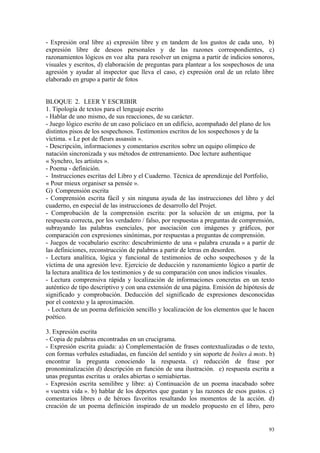 - Expresión oral libre a) expresión libre y en tandem de los gustos de cada uno, b)
expresión libre de deseos personales y de las razones correspondientes, c)
razonamientos lógicos en voz alta para resolver un enigma a partir de indicios sonoros,
visuales y escritos, d) elaboración de preguntas para plantear a los sospechosos de una
agresión y ayudar al inspector que lleva el caso, e) expresión oral de un relato libre
elaborado en grupo a partir de fotos
BLOQUE 2. LEER Y ESCRIBIR
1. Tipología de textos para el lenguaje escrito
- Hablar de uno mismo, de sus reacciones, de su carácter.
- Juego lógico escrito de un caso policíaco en un edificio, acompañado del plano de los
distintos pisos de los sospechosos. Testimonios escritos de los sospechosos y de la
víctima. « Le pot de fleurs assassin ».
- Descripción, informaciones y comentarios escritos sobre un equipo olímpico de
natación sincronizada y sus métodos de entrenamiento. Doc lecture authentique
« Synchro, les artistes ».
- Poema - definición.
- Instrucciones escritas del Libro y el Cuaderno. Técnica de aprendizaje del Portfolio,
« Pour mieux organiser sa pensée ».
G) Comprensión escrita
- Comprensión escrita fácil y sin ninguna ayuda de las instrucciones del libro y del
cuaderno, en especial de las instrucciones de desarrollo del Projet.
- Comprobación de la comprensión escrita: por la solución de un enigma, por la
respuesta correcta, por los verdadero / falso, por respuestas a preguntas de comprensión,
subrayando las palabras esenciales, por asociación con imágenes y gráficos, por
comparación con expresiones sinónimas, por respuestas a preguntas de comprensión.
- Juegos de vocabulario escrito: descubrimiento de una « palabra cruzada » a partir de
las definiciones, reconstrucción de palabras a partir de letras en desorden.
- Lectura analítica, lógica y funcional de testimonios de ocho sospechosos y de la
víctima de una agresión leve. Ejercicio de deducción y razonamiento lógico a partir de
la lectura analítica de los testimonios y de su comparación con unos indicios visuales.
- Lectura comprensiva rápida y localización de informaciones concretas en un texto
auténtico de tipo descriptivo y con una extensión de una página. Emisión de hipótesis de
significado y comprobación. Deducción del significado de expresiones desconocidas
por el contexto y la aproximación.
- Lectura de un poema definición sencillo y localización de los elementos que le hacen
poético.
3. Expresión escrita
- Copia de palabras encontradas en un crucigrama.
- Expresión escrita guiada: a) Complementación de frases contextualizadas o de texto,
con formas verbales estudiadas, en función del sentido y sin soporte de boîtes à mots. b)
encontrar la pregunta conociendo la respuesta. c) reducción de frase por
pronominalización d) descripción en función de una ilustración. e) respuesta escrita a
unas preguntas escritas u orales abiertas o semiabiertas.
- Expresión escrita semilibre y libre: a) Continuación de un poema inacabado sobre
« vuestra vida ». b) hablar de los deportes que gustan y las razones de esos gustos. c)
comentarios libres o de héroes favoritos resaltando los momentos de la acción. d)
creación de un poema definición inspirado de un modelo propuesto en el libro, pero
93
 