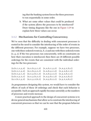 ing that the banking system forces the three processes
to run sequentially in some order.
b. What are some other values that could be produced
if the system allows the processes to be interleaved?
Draw timing diagrams like the one in Figure 3.29 to
explain how these values can occur.
3.4.2 Mechanisms for Controlling Concurrency
We’ve seen that the diﬃculty in dealing with concurrent processes is
rooted in the need to consider the interleaving of the order of events in
the diﬀerent processes. For example, suppose we have two processes,
one with three ordered events (a,b,c) and one with three ordered events
(x,y, z). If the two processes run concurrently, with no constraints on
how their execution is interleaved, then there are 20 diﬀerent possible
orderings for the events that are consistent with the individual order-
ings for the two processes:
(a,b,c,x,y,z) (a,x,b,y,c,z) (x,a,b,c,y,z) (x,a,y,z,b,c)
(a,b,x,c,y,z) (a,x,b,y,z,c) (x,a,b,y,c,z) (x,y,a,b,c,z)
(a,b,x,y,c,z) (a,x,y,b,c,z) (x,a,b,y,z,c) (x,y,a,b,z,c)
(a,b,x,y,z,c) (a,x,y,b,z,c) (x,a,y,b,c,z) (x,y,a,z,b,c)
(a,x,b,c,y,z) (a,x,y,z,b,c) (x,a,y,b,z,c) (x,y,z,a,b,c)
As programmers designing this system, we would have to consider the
eﬀects of each of these 20 orderings and check that each behavior is
acceptable. Such an approach rapidly becomes unwieldy as the numbers
of processes and events increase.
A more practical approach to the design of concurrent systems is to
devise general mechanisms that allow us to constrain the interleaving of
concurrent processes so that we can be sure that the program behavior
410
 
