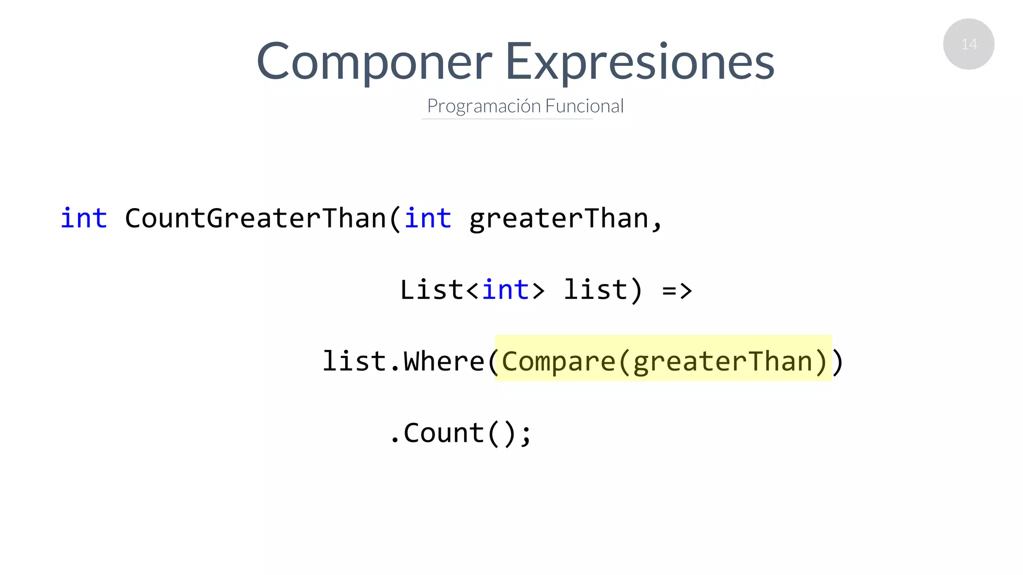 14
Componer Expresiones
Programación Funcional
int CountGreaterThan(int greaterThan,
List<int> list) =>
list.Where(Compare(greaterThan))
.Count();
 