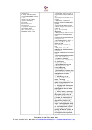 Neoclasicismo
El cambio de modelo político,
económico y social y su reflejo en
el arte.
Recuperación del lenguaje
clasicista, similitudes y
diferencias.
Neoclasicismo versus
Romanticismo.
La aportación de España: las
manufacturas reales.
Obras relevantes de estos
periodos en Castilla y León.
1.20. Explica las características de la
imaginería barroca española del siglo
XVII y
compara la escuela castellana con la
andaluza.
1.21. Explica las características
generales de la pintura española del
siglo XVII.
1.22. Describe las características y
evolución de la pintura de Velázquez
a través de
algunas de sus obras más
significativas.
1.23. Explica el siglo XVIII como época
de coexistencia de viejos y nuevos
estilos
artísticos en un contexto histórico de
cambios profundos.
1.24. Compara el Barroco tardío y el
Rococó y especifica la diferente
concepción de la
vida y el arte que encierran uno y
otro.
1.25. Explica las razones del
surgimiento del Neoclasicismo y sus
características
generales en arquitectura, escultura y
pintura.
1.26. Comenta la escultura neoclásica
a través de la obra de Canova.
1.27. Especifica las posibles
coincidencias entre el Neoclasicismo
y el Romanticismo
en la pintura de David.
1.28. Distingue entre la corriente
tradicional y la clasicista de la
arquitectura barroca
española del siglo XVIII.
1.29. Explica la figura de Salzillo como
último representante de la imaginería
religiosa española en madera
policromada.
2.1. Describe la práctica del
mecenazgo en el Renacimiento
italiano, y las nuevas
reivindicaciones de los artistas en
relación con su reconocimiento social
y la naturaleza de su labor.
2.2. Describe el papel desempeñado
en el sigloXVIII por las Academias en
toda Europa y, en particular, por el
Salón de París.
3.1. Identifica, analiza y comenta las
siguientes obras arquitectónicas del
Renacimiento italiano: cúpula de
Santa María de las Flores e interior de
la iglesia de San Lorenzo, ambas en
Florencia y de Brunelleschi; Palacio
Médici-Riccardi en florencia, de
Michelozzo; fachada de Santa María
Novella y del Palacio Rucellai, ambos
en Florencia y de Alberti; templete de
San Pietro in Montorio en Roma, de
Bramante; cúpula y proyecto de
planta de San Pedro del Vaticano, de
Miguel Ángel; Il Gesù en Roma, de
Giacomo della Porta y Vignola; Villa
Capra (Villa Rotonda) en Vicenza, de
Programación de Historia del Arte
Francisco Javier Sariot Marquina – fjsariot@hotmail.es – http://sariotarte.wordpress.com
 